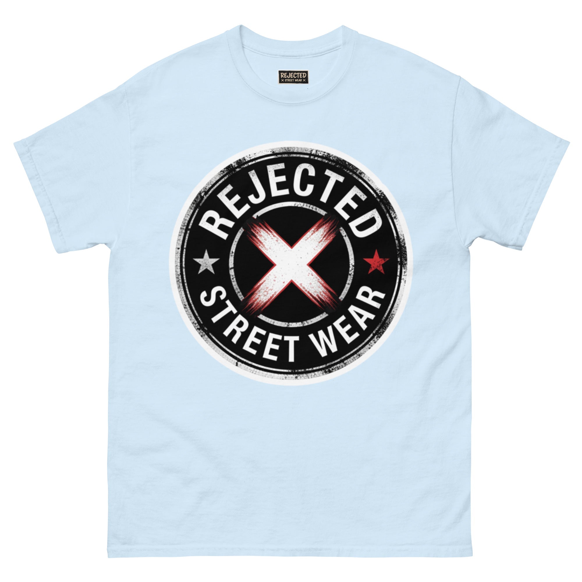 Rejected Street Wear barbed wire seal tee — distressed circular badge with REJECTED arched over a red and white brushed X