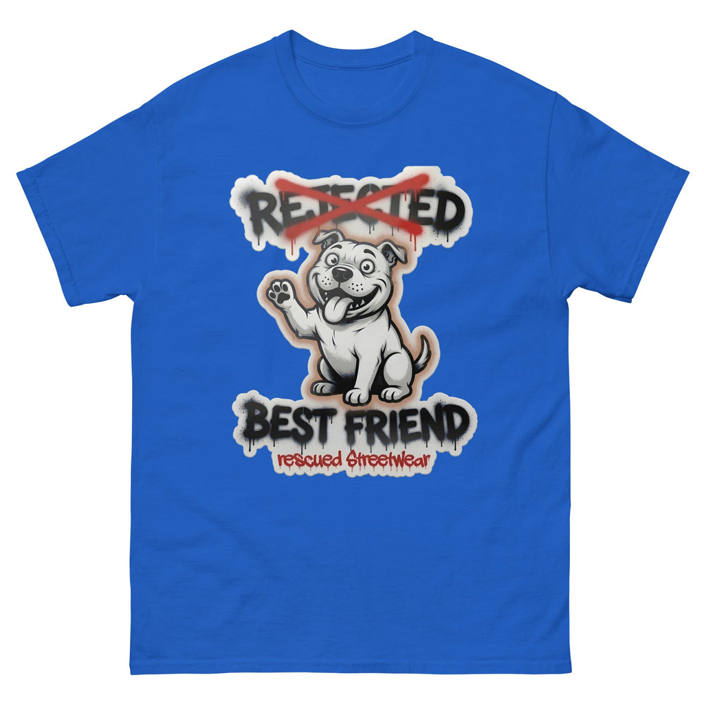 Best Friend pit bull tee — white bully pup waving a paw with REJECTED crossed out in red and BEST FRIEND sprayed below