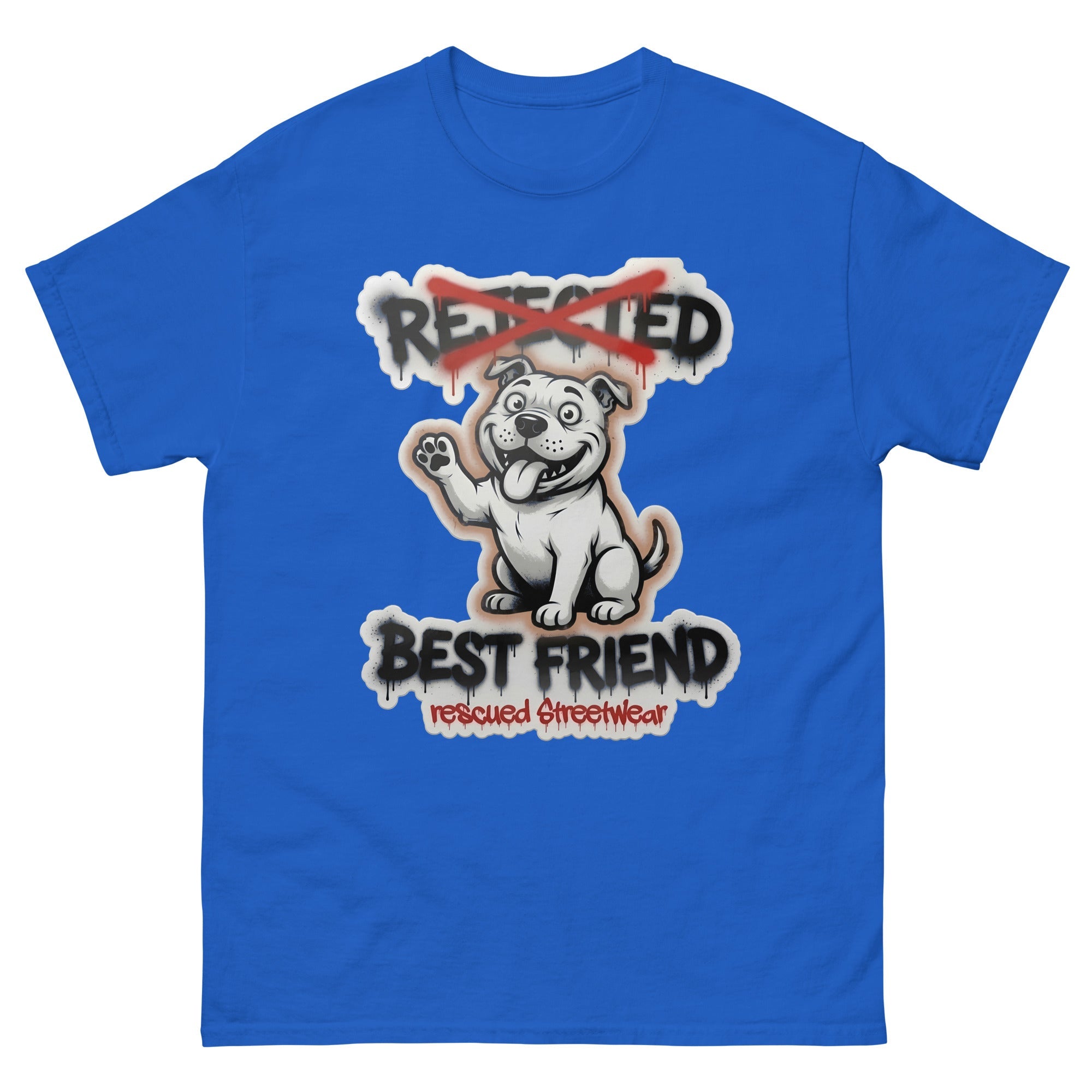 Best Friend pit bull tee — white bully pup waving a paw with REJECTED crossed out in red and BEST FRIEND sprayed below