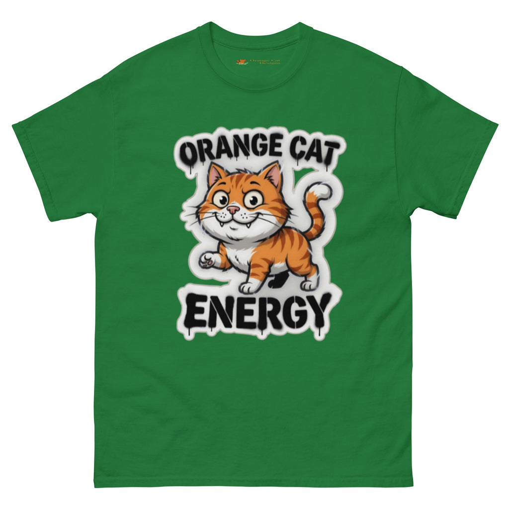Orange Cat Energy tee — wide-eyed orange tabby mid-launch under drippy graffiti lettering