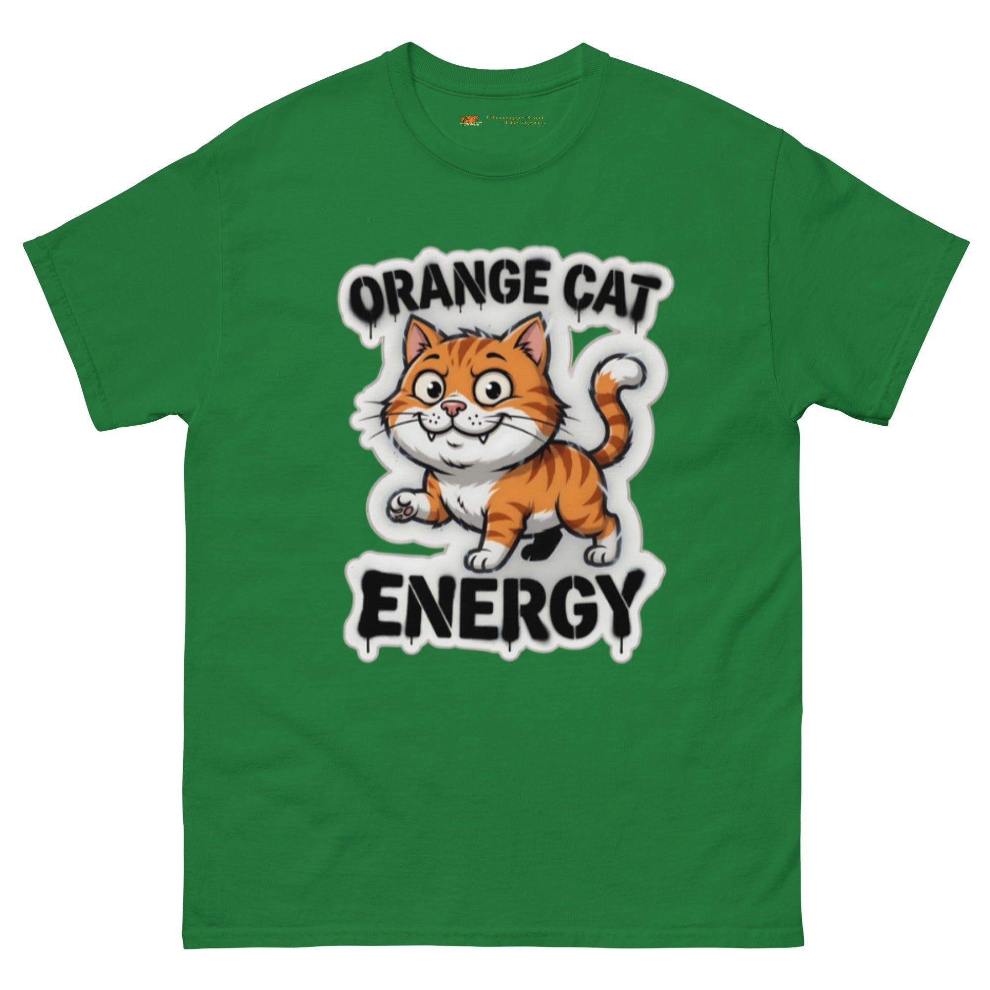 Orange Cat Energy tee — wide-eyed orange tabby mid-launch under drippy graffiti lettering