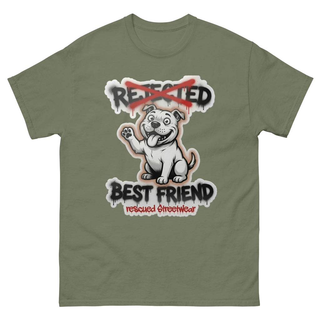 Best Friend pit bull tee — white bully pup waving a paw with REJECTED crossed out in red and BEST FRIEND sprayed below