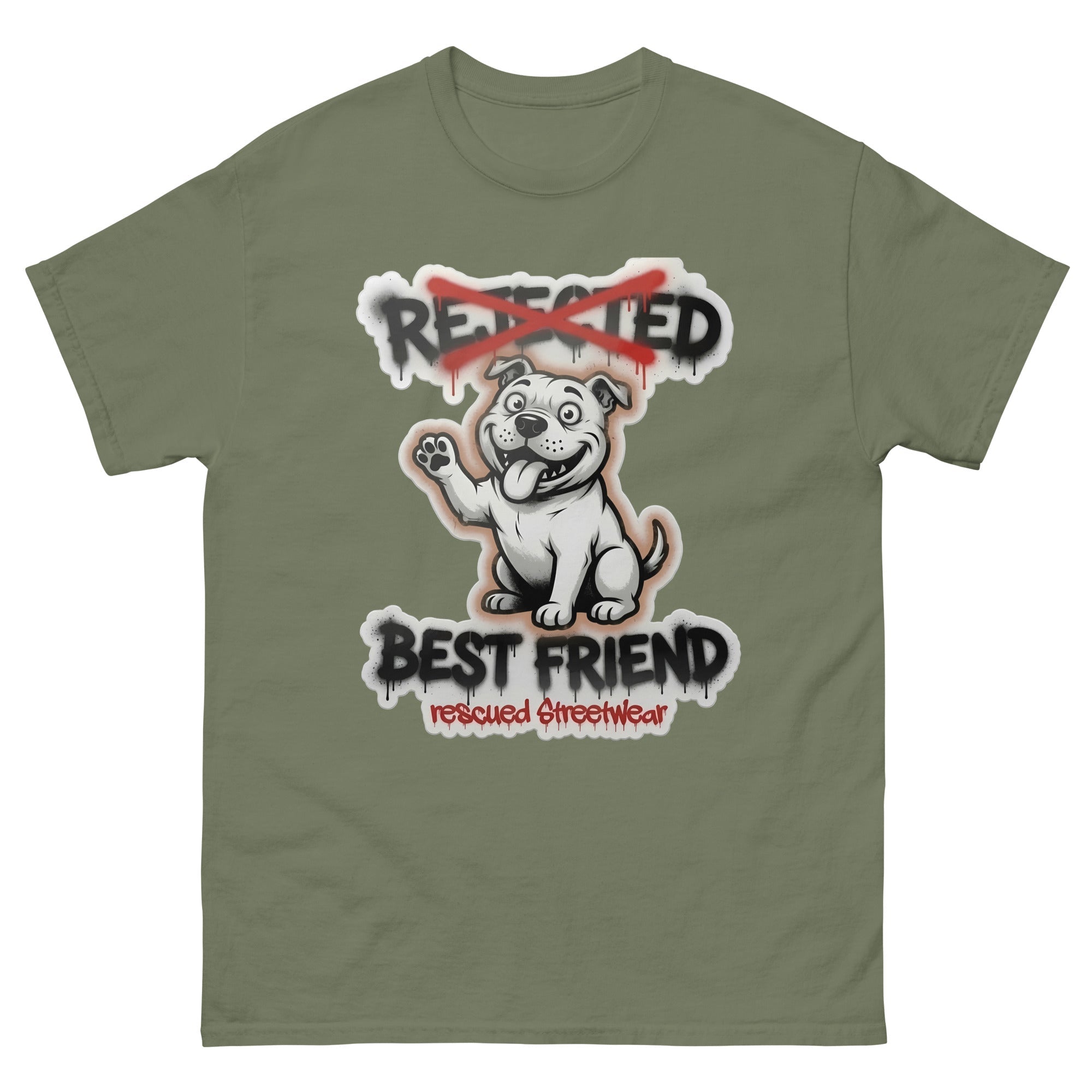 Best Friend pit bull tee — white bully pup waving a paw with REJECTED crossed out in red and BEST FRIEND sprayed below