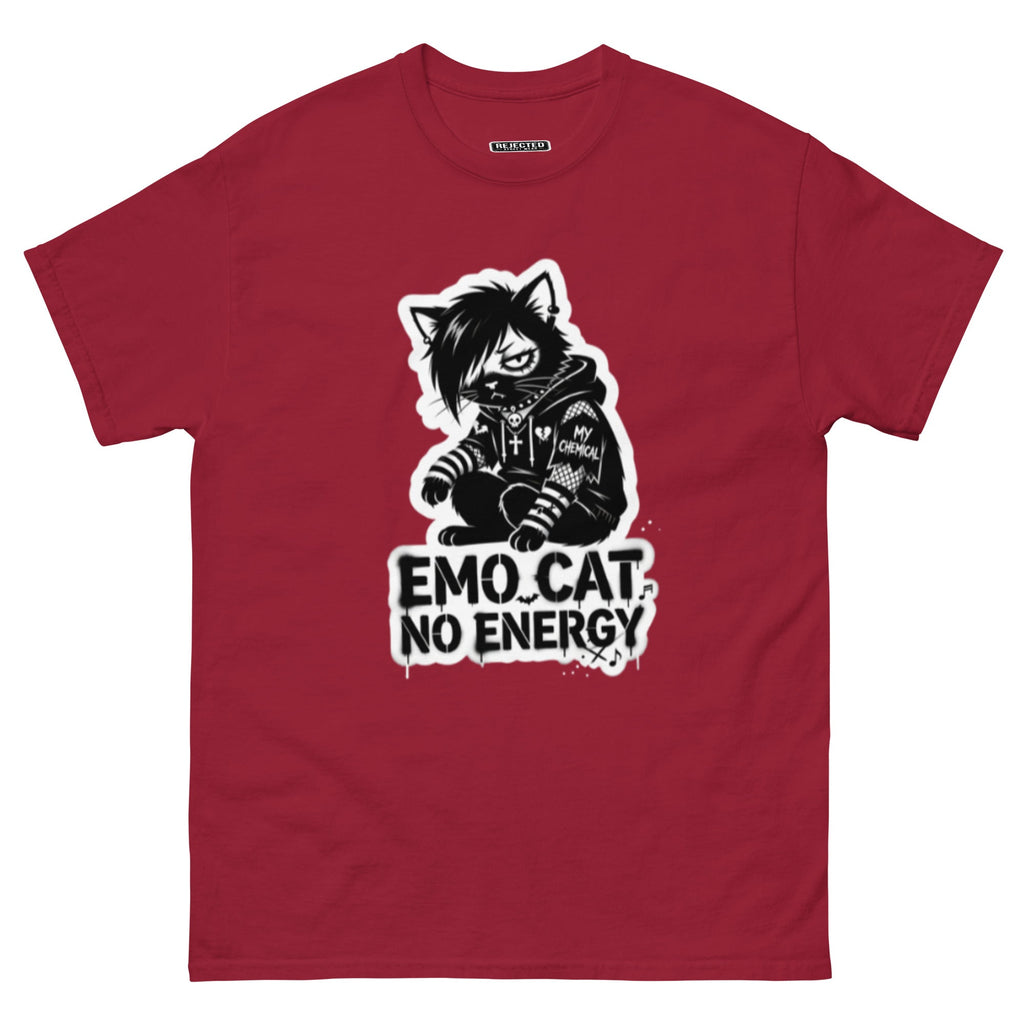 Emo Cat No Energy tee — grey cat with side-swept bangs and a patched hoodie under spray-paint lettering