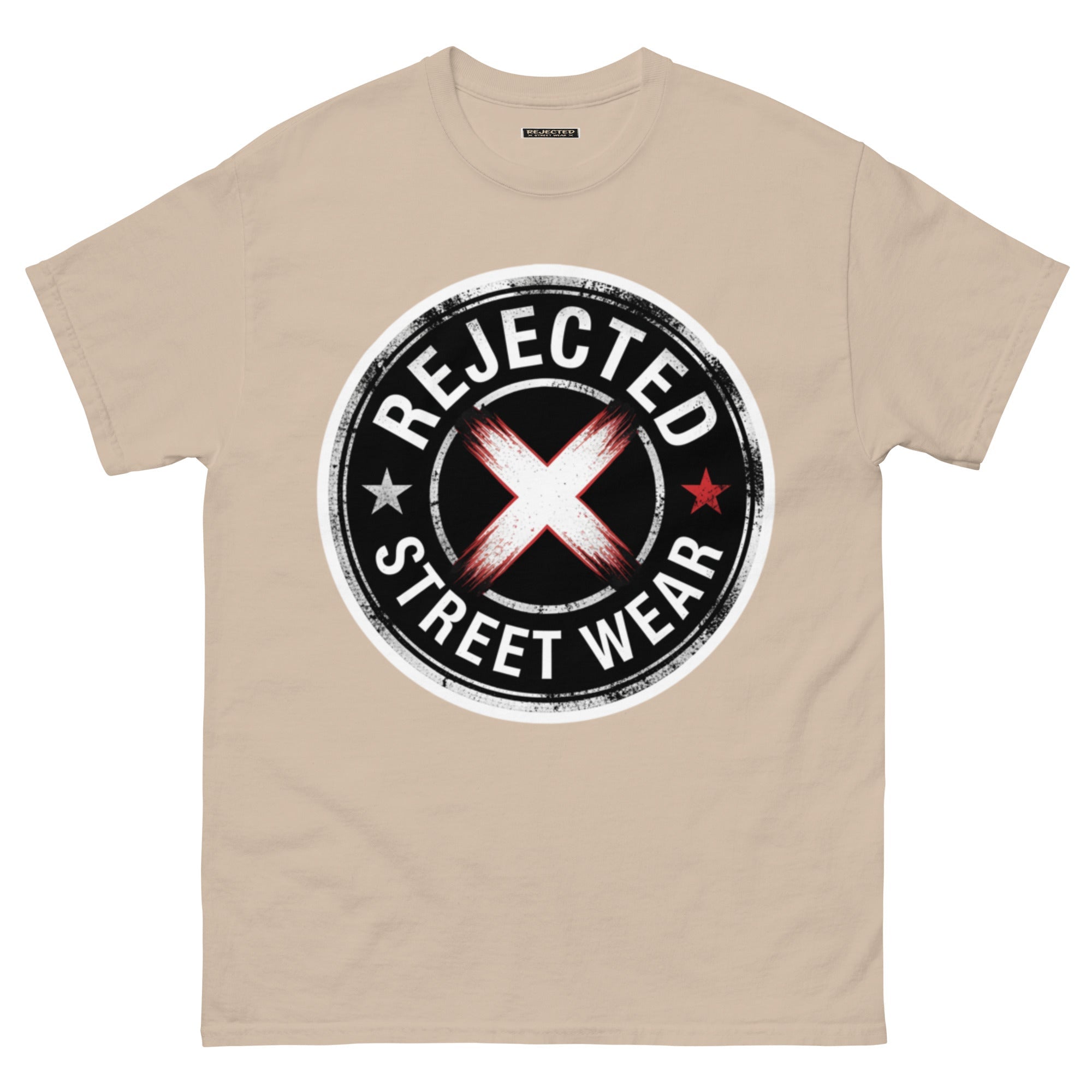 Rejected Street Wear barbed wire seal tee — distressed circular badge with REJECTED arched over a red and white brushed X