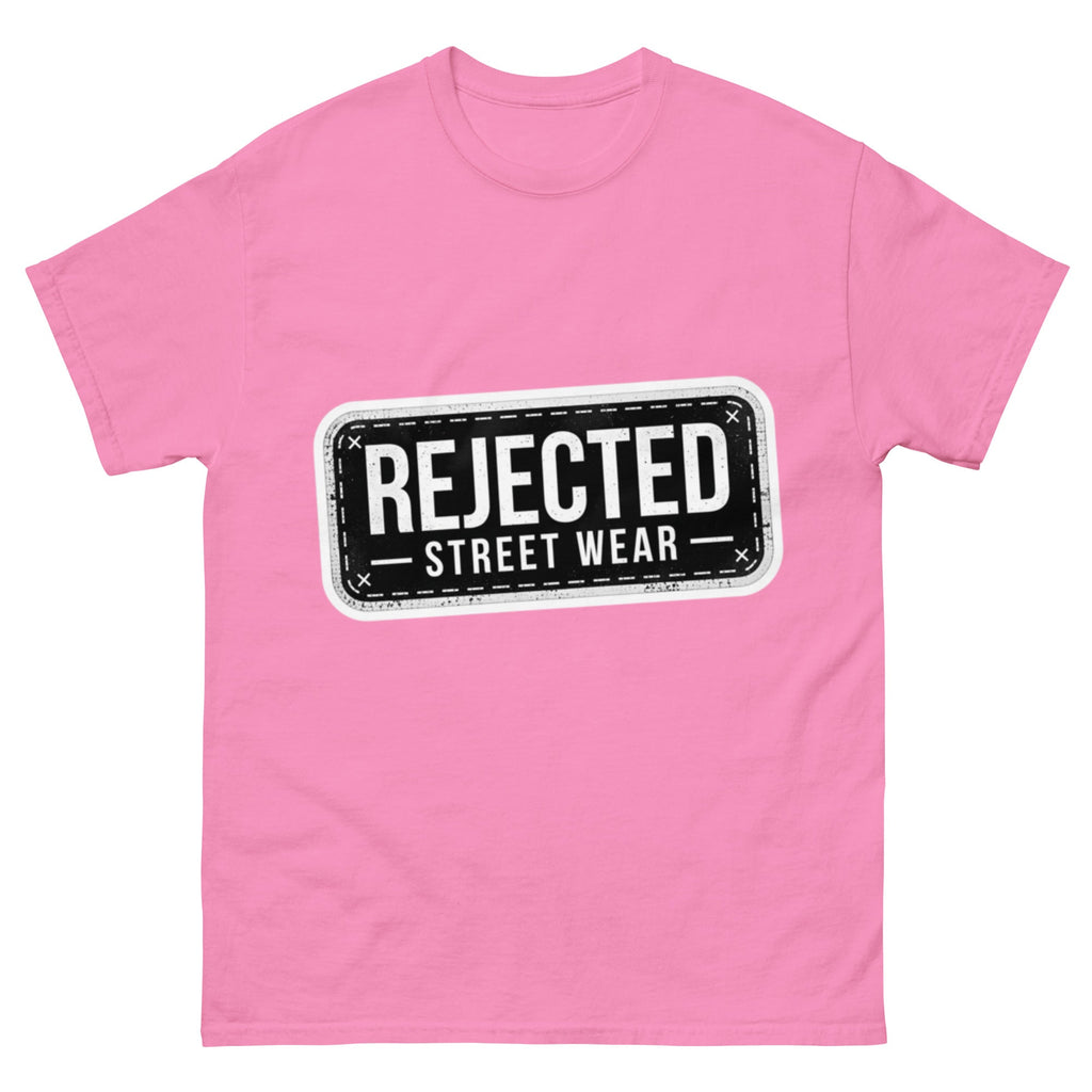 Rejected Street Wear plate logo tee — stamped black plate with a dashed border, corner x marks and REJECTED STREET WEAR inside
