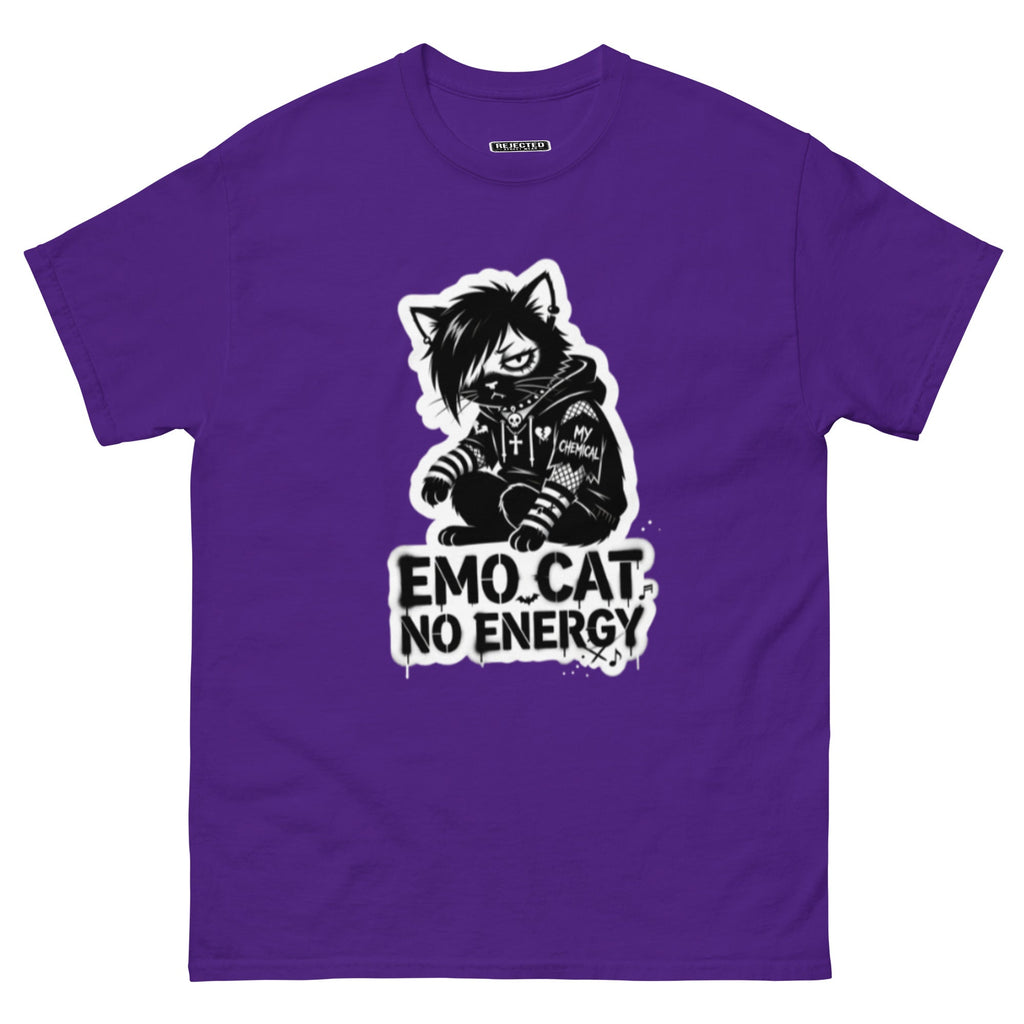 Emo Cat No Energy tee — grey cat with side-swept bangs and a patched hoodie under spray-paint lettering