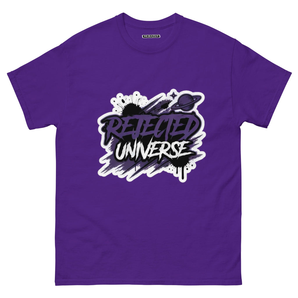 Rejected Universe logo tee in purple — leaning graffiti tag with an orbiting planet and spray splatter