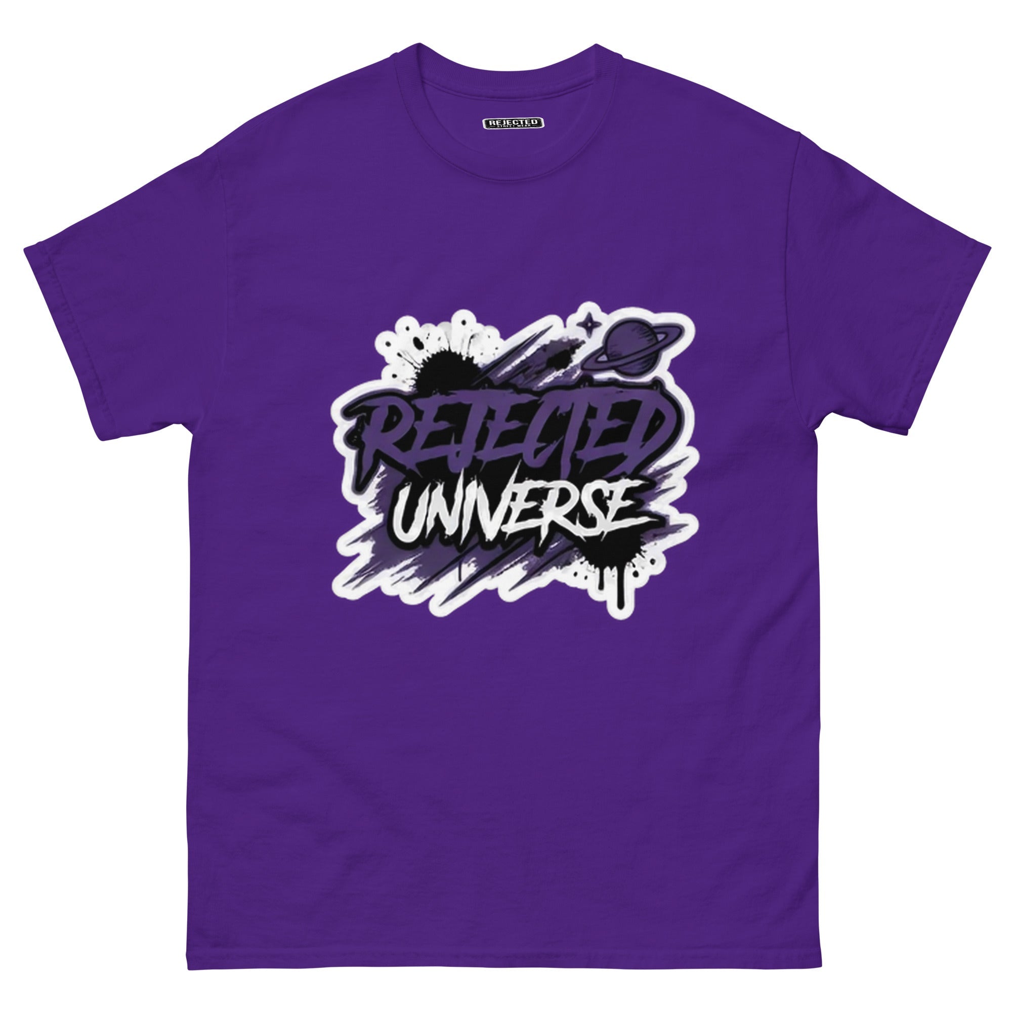 Rejected Universe logo tee in purple — leaning graffiti tag with an orbiting planet and spray splatter