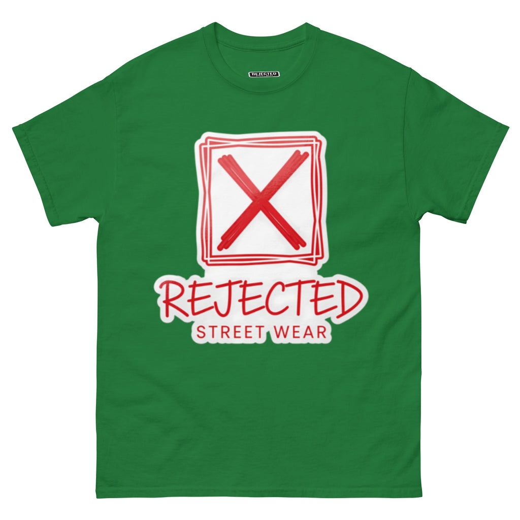 Rejected Street Wear box logo tee — hand-drawn red frame with a brushed X and REJECTED STREET WEAR in red beneath