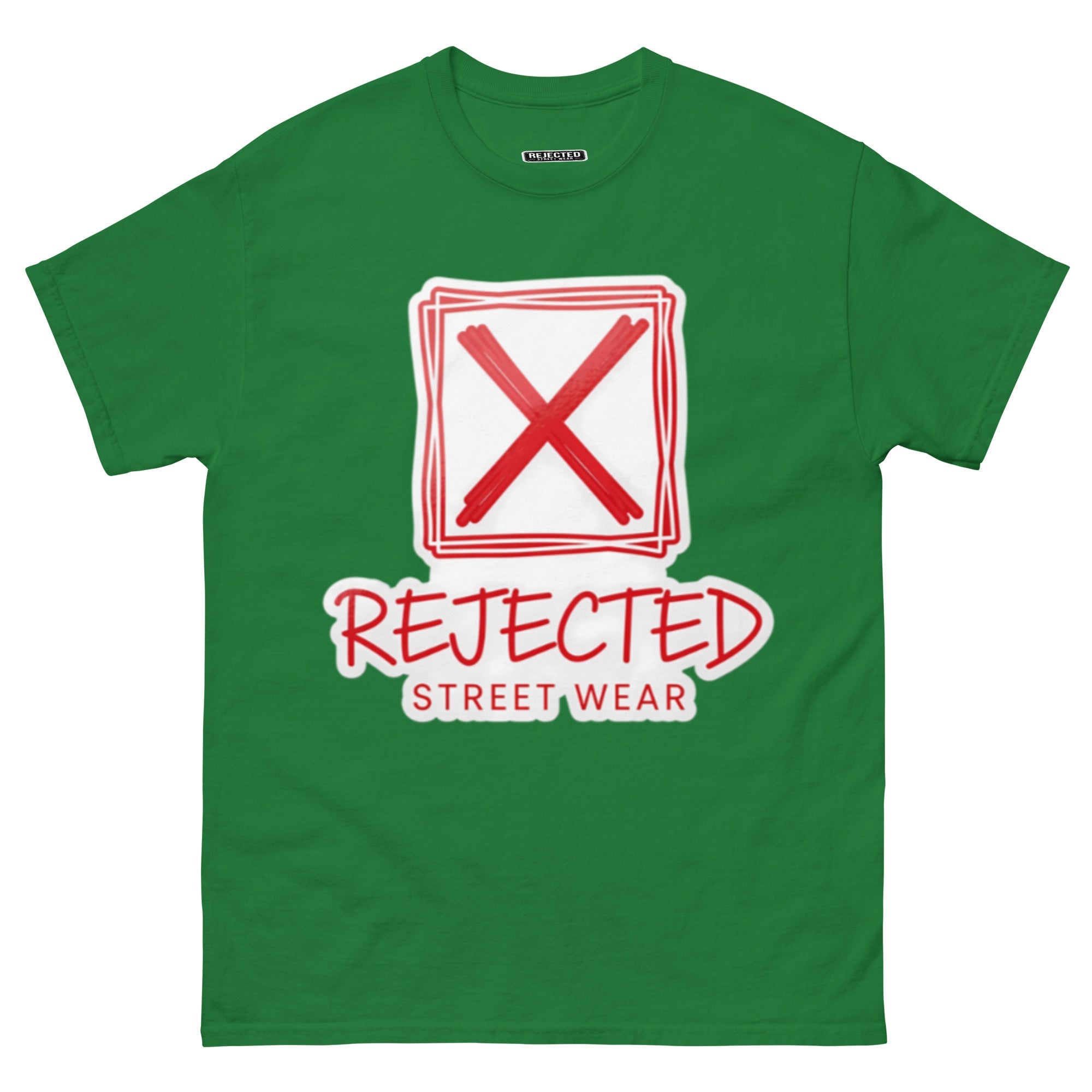 Rejected Street Wear box logo tee — hand-drawn red frame with a brushed X and REJECTED STREET WEAR in red beneath