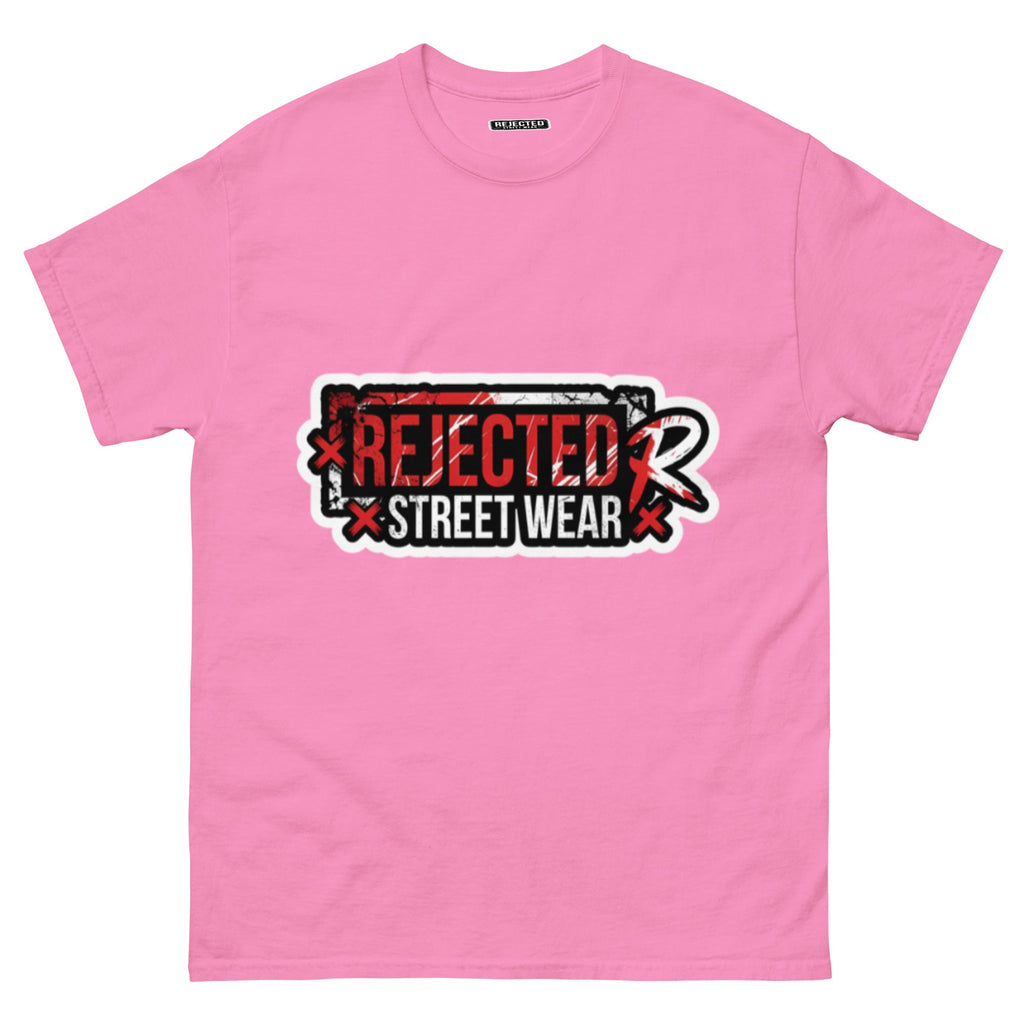 Rejected Street Wear red box logo tee — red-framed REJECTED STREET WEAR stamp with corner x marks and a red slash