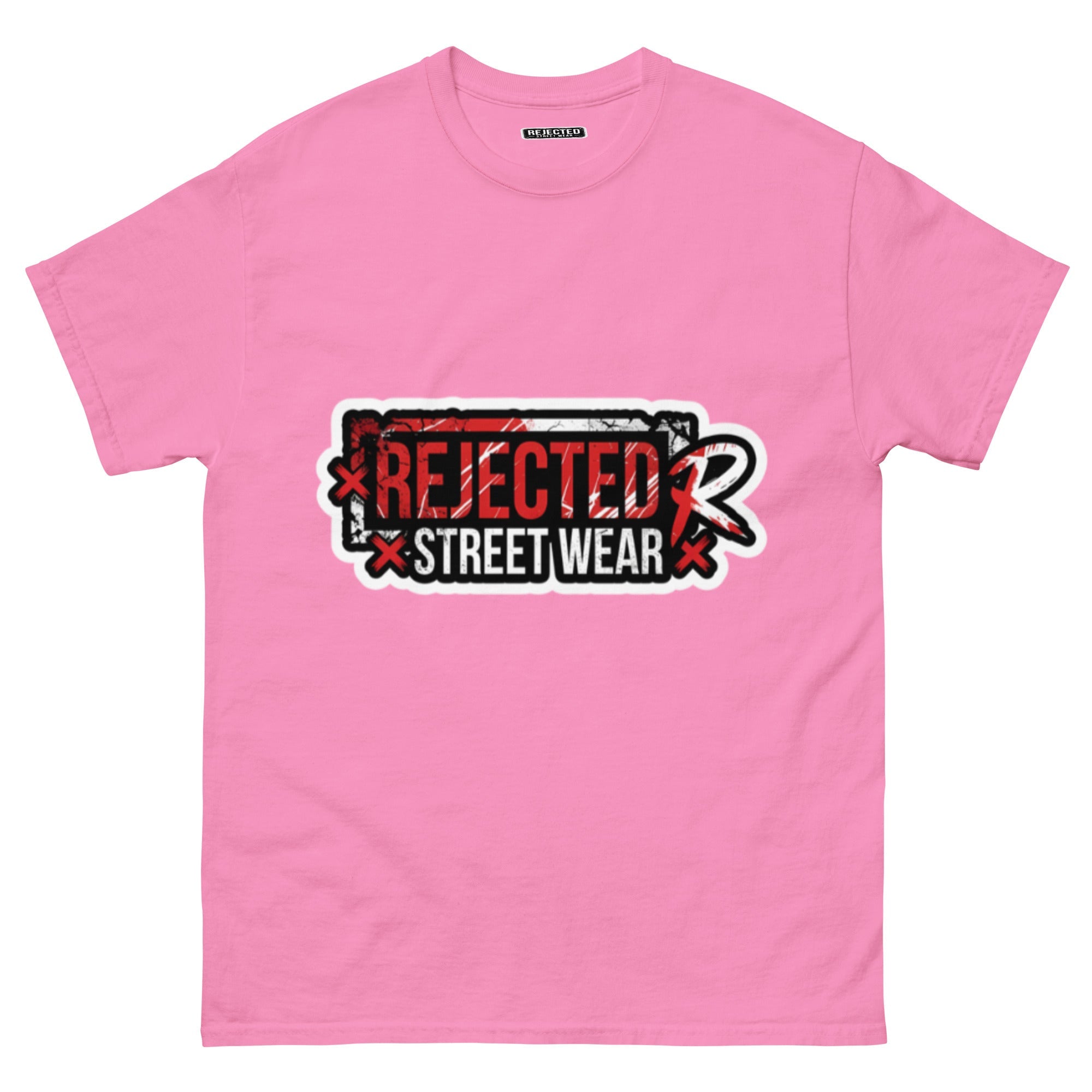 Rejected Street Wear red box logo tee — red-framed REJECTED STREET WEAR stamp with corner x marks and a red slash