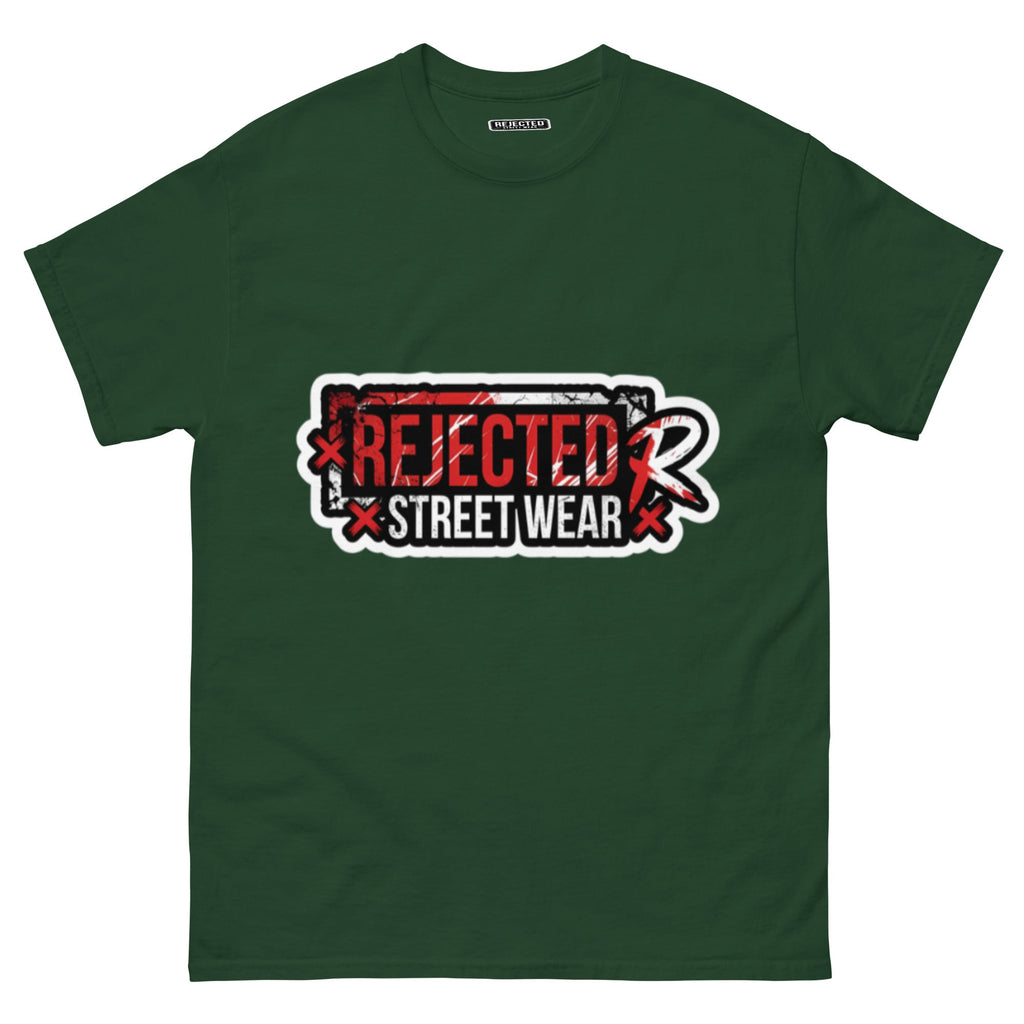 Rejected Street Wear red box logo tee — red-framed REJECTED STREET WEAR stamp with corner x marks and a red slash