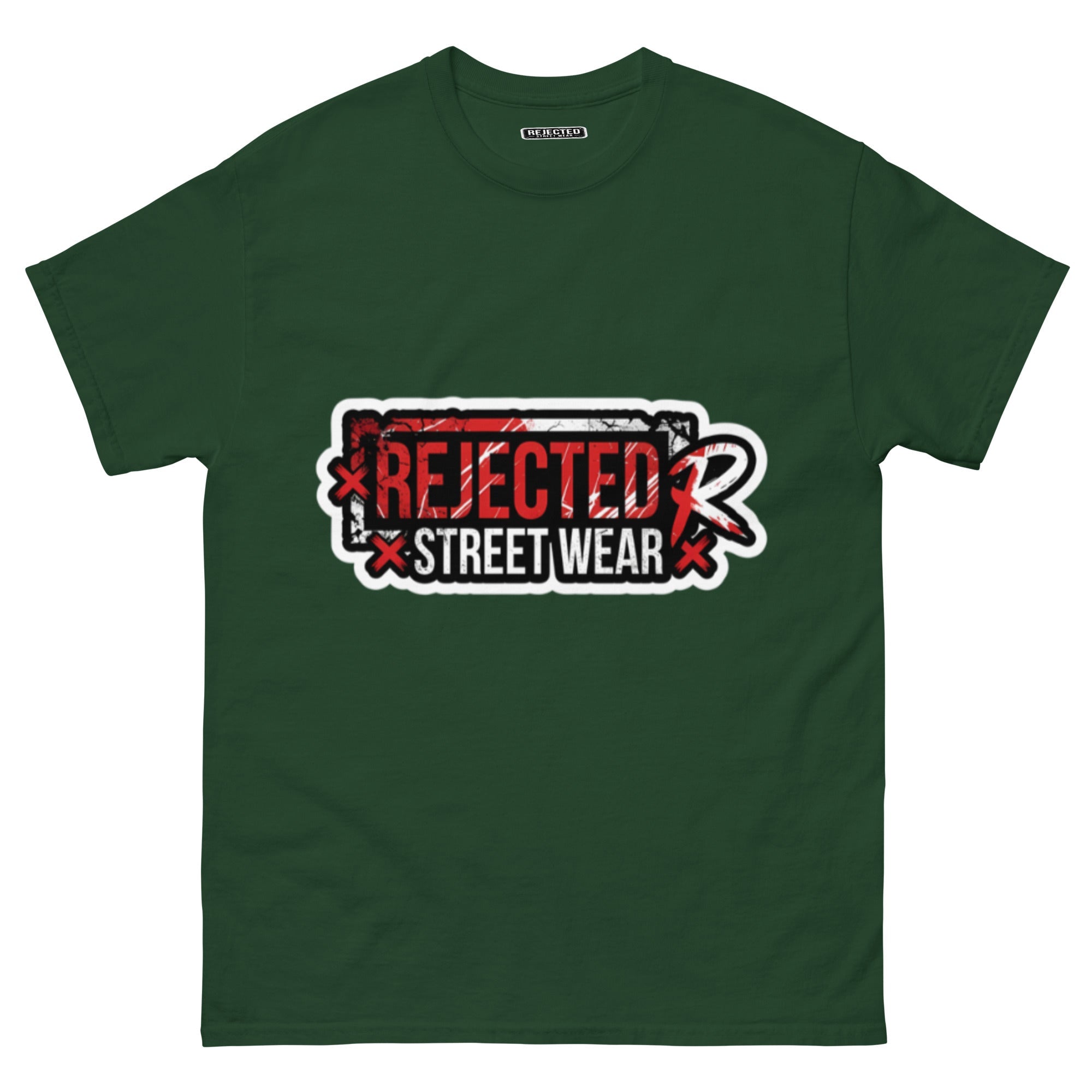 Rejected Street Wear red box logo tee — red-framed REJECTED STREET WEAR stamp with corner x marks and a red slash