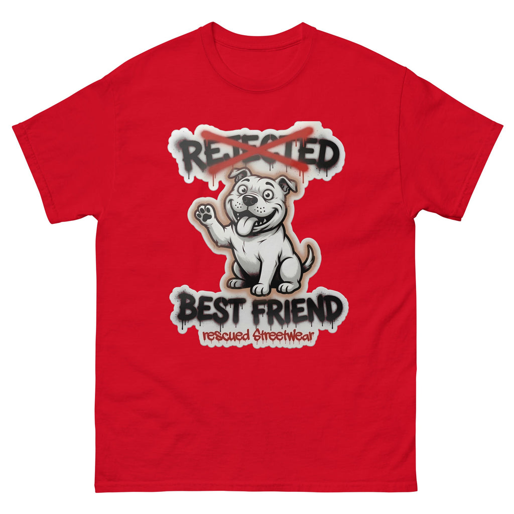 Best Friend pit bull tee — white bully pup waving a paw with REJECTED crossed out in red and BEST FRIEND sprayed below