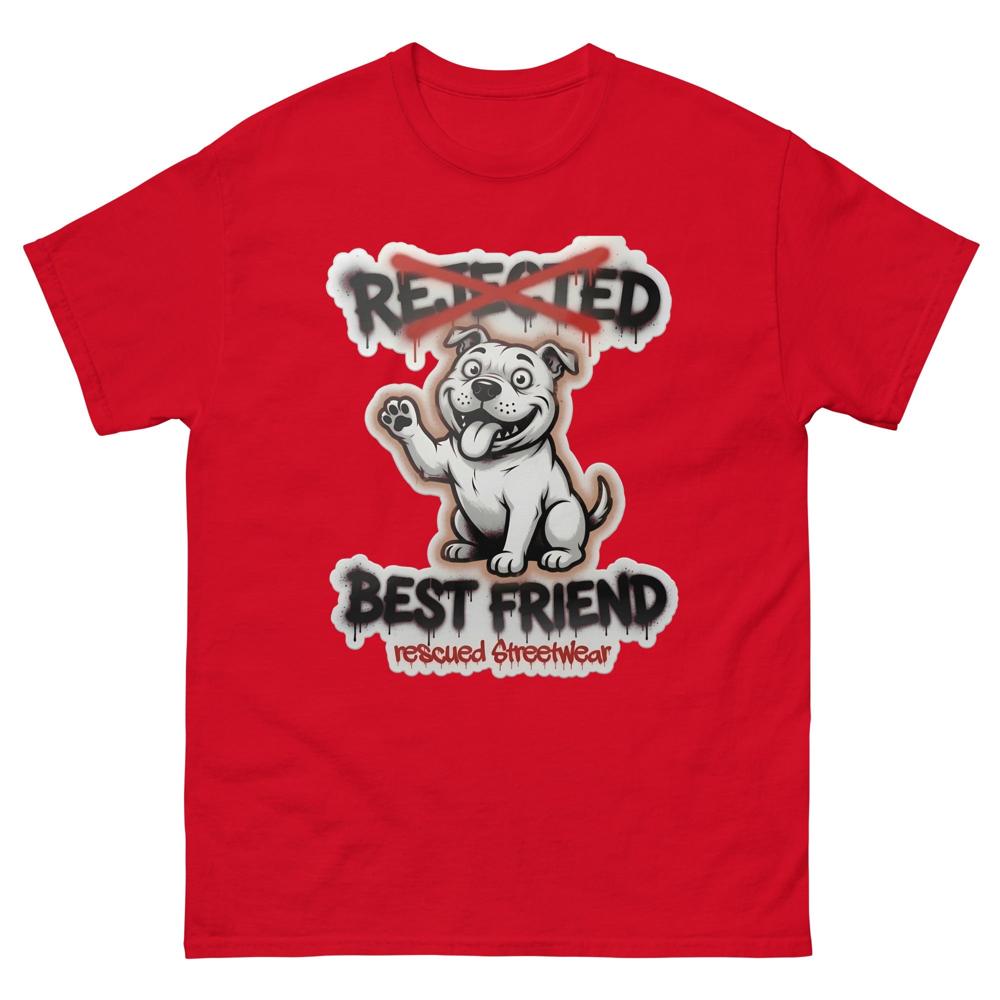 Best Friend pit bull tee — white bully pup waving a paw with REJECTED crossed out in red and BEST FRIEND sprayed below