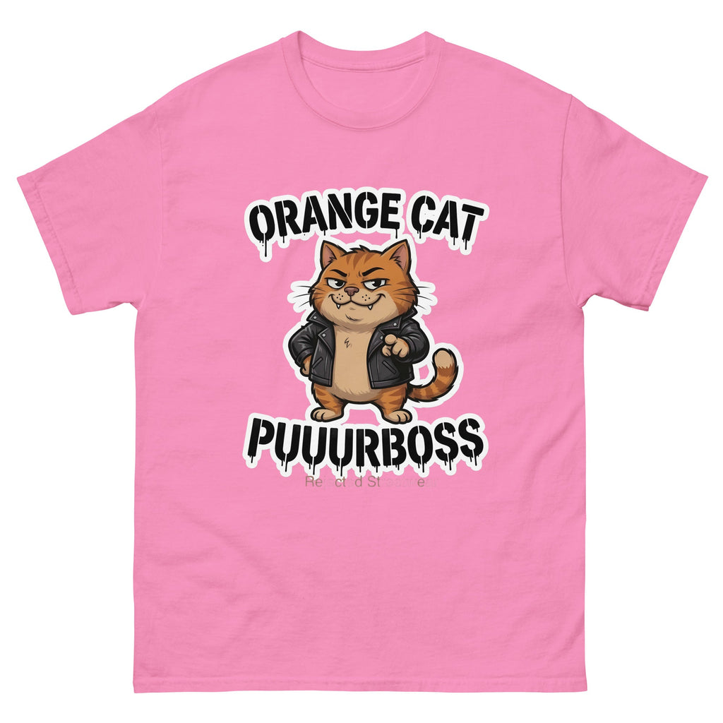Purrboss orange cat tee — orange tabby in a leather jacket, arms crossed, under arched graffiti lettering
