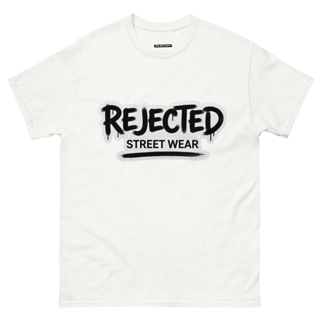 Rejected Street Wear graffiti logo tee — REJECTED in dripping spray-paint script over underlined STREET WEAR