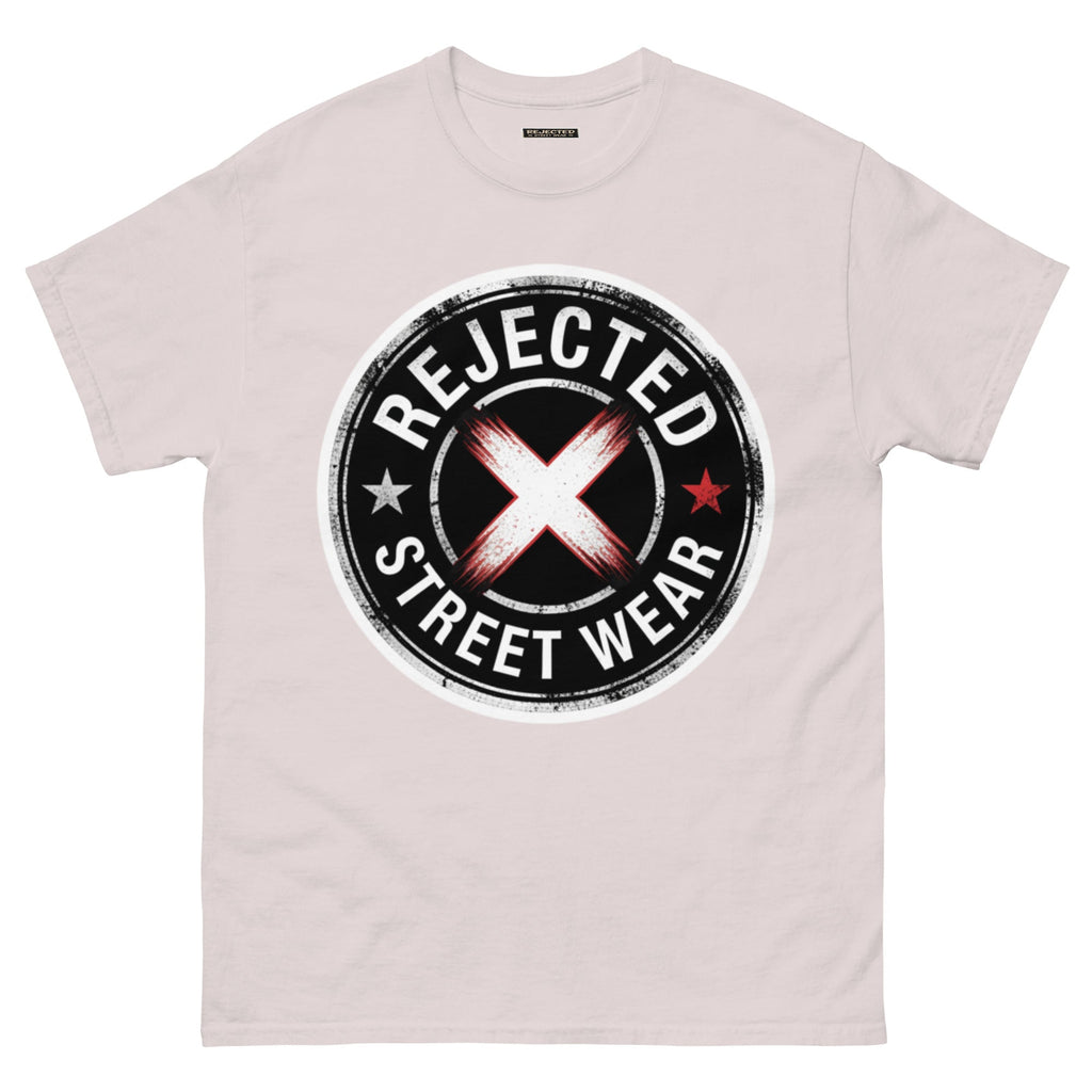 Rejected Street Wear barbed wire seal tee — distressed circular badge with REJECTED arched over a red and white brushed X