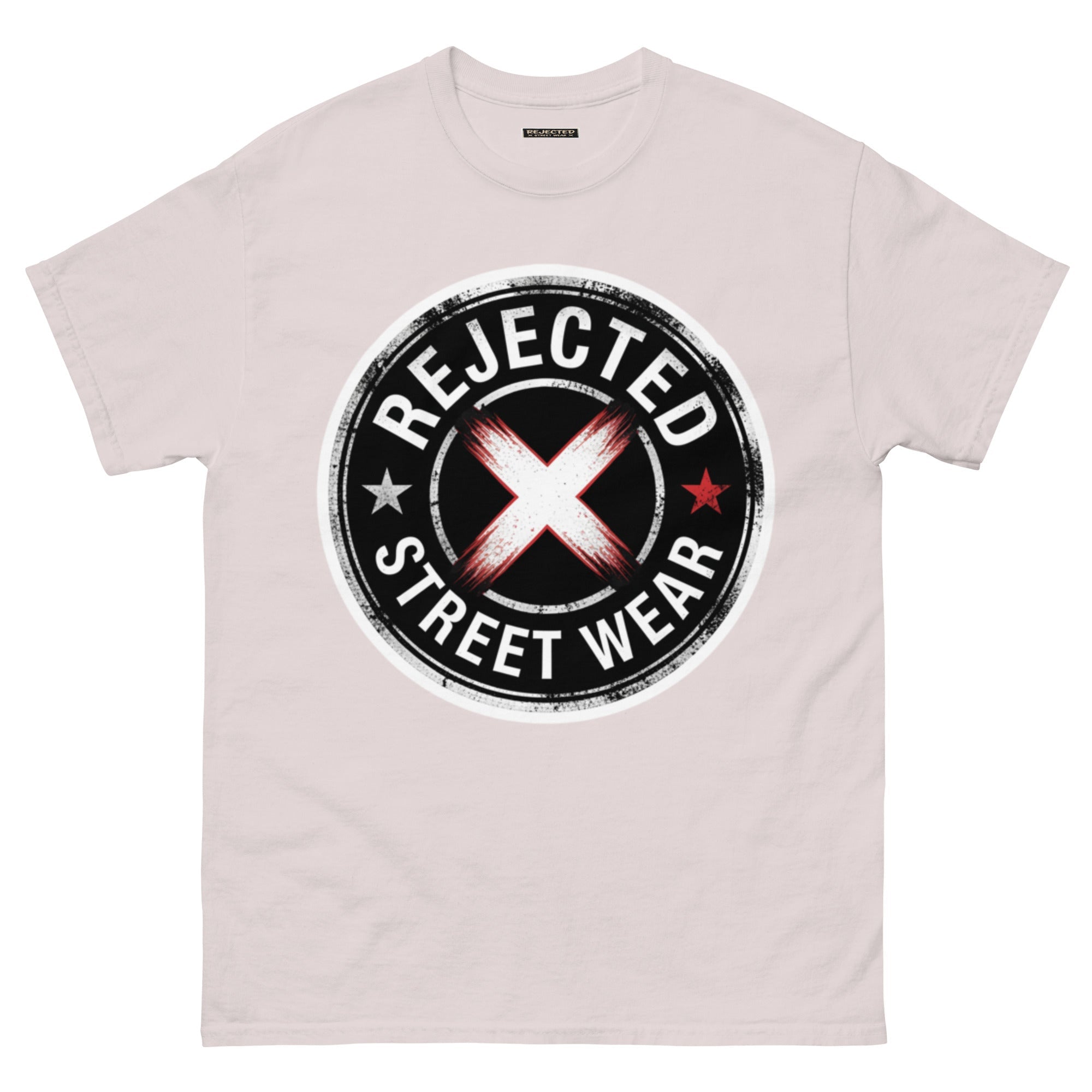 Rejected Street Wear barbed wire seal tee — distressed circular badge with REJECTED arched over a red and white brushed X