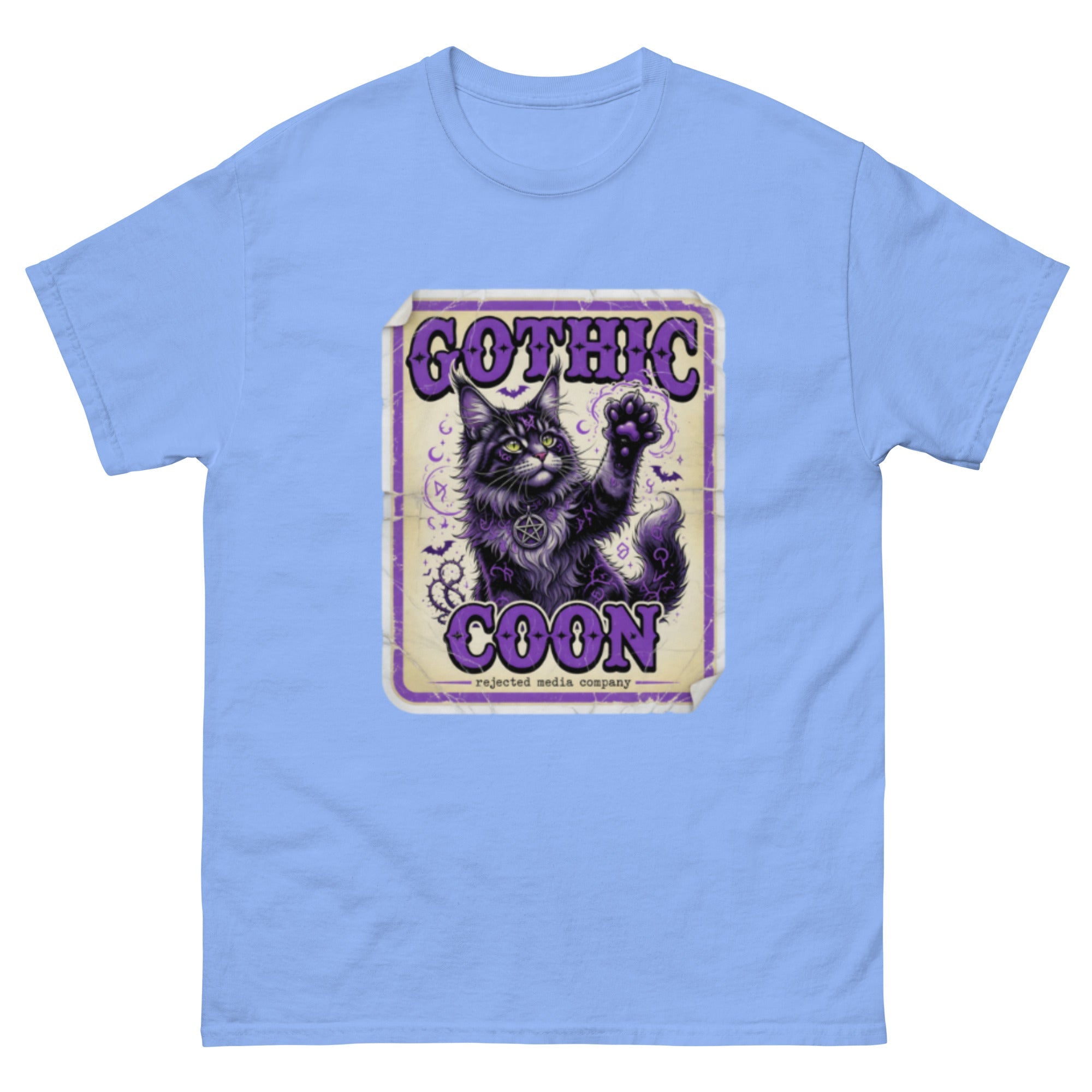 Gothic Coon tee — purple and black Maine Coon cat with a pentacle collar and one paw raised, vintage poster frame