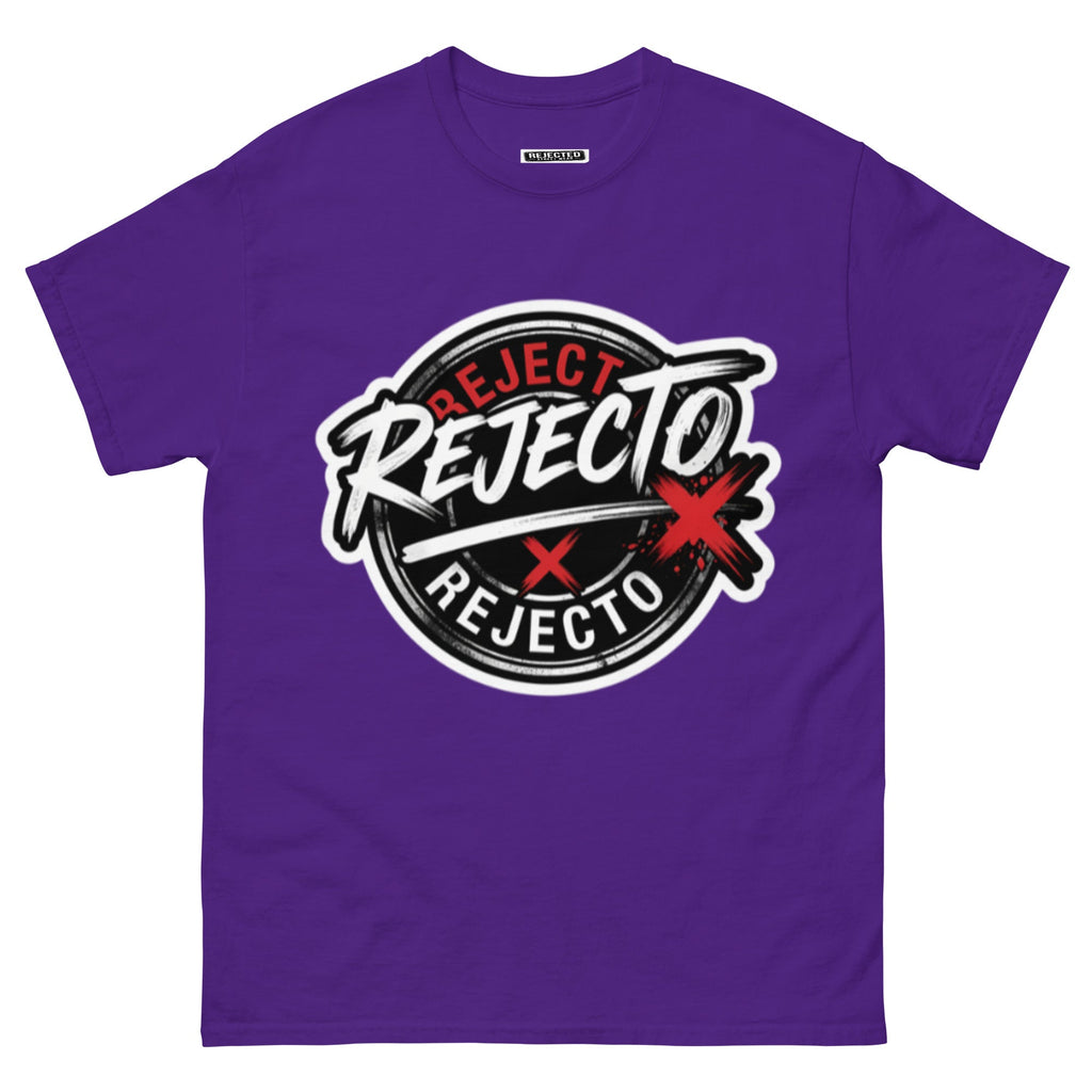 Rejected Street Wear emblem tee — black circle badge with white brush script and a red X slash