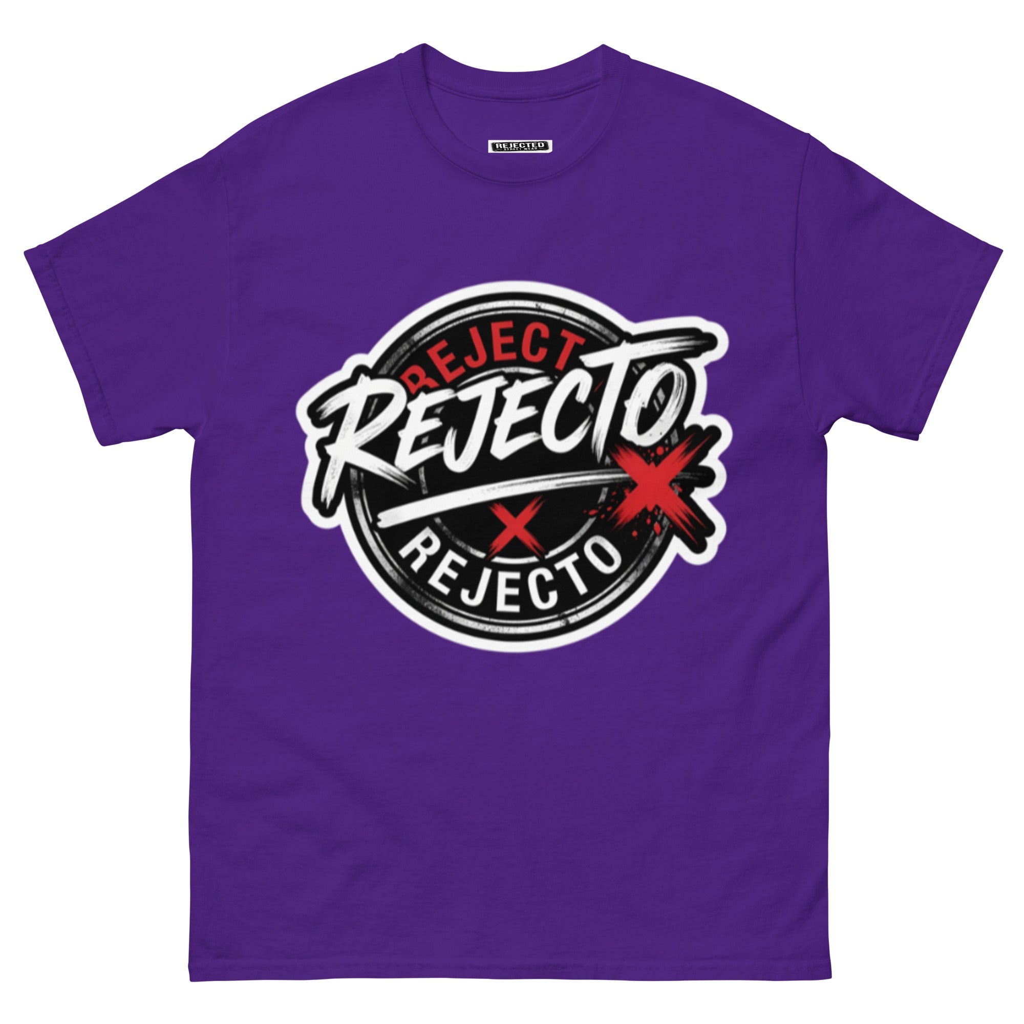 Rejected Street Wear emblem tee — black circle badge with white brush script and a red X slash