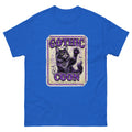 Gothic Coon tee — purple and black Maine Coon cat with a pentacle collar and one paw raised, vintage poster frame