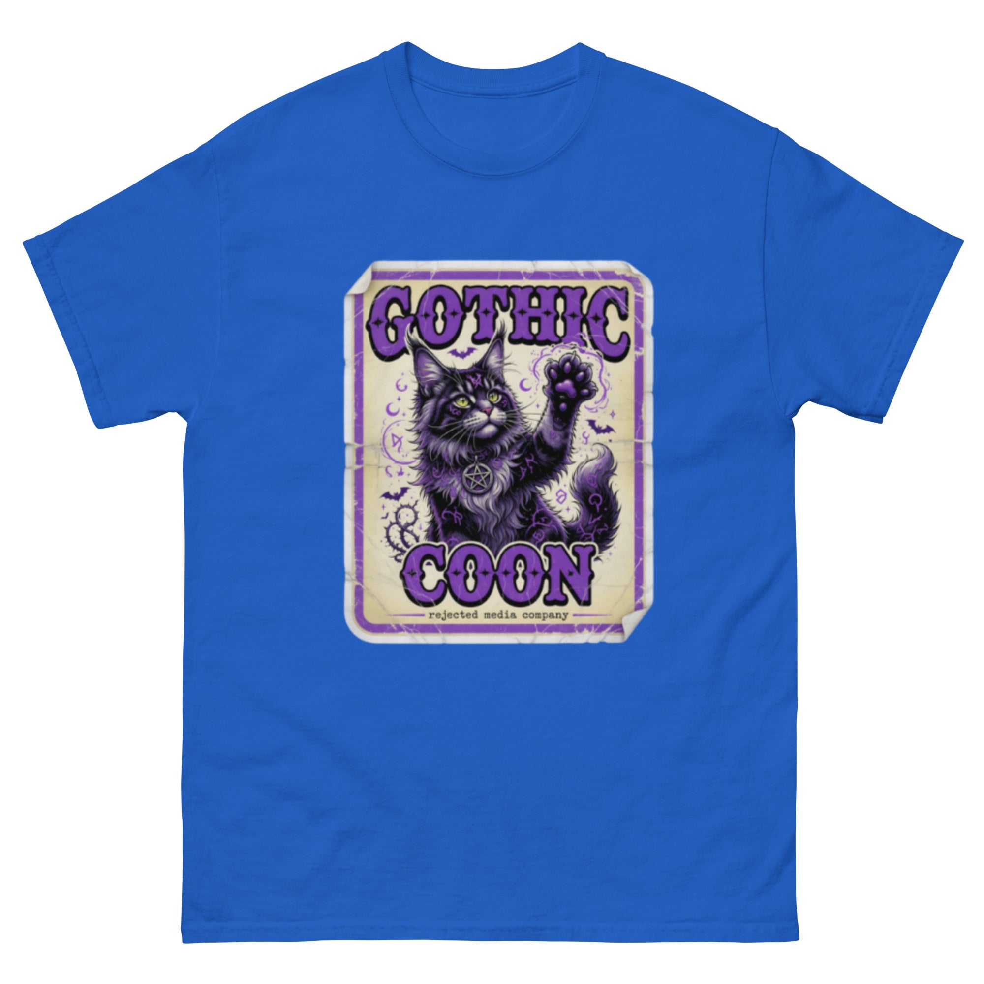 Gothic Coon tee — purple and black Maine Coon cat with a pentacle collar and one paw raised, vintage poster frame