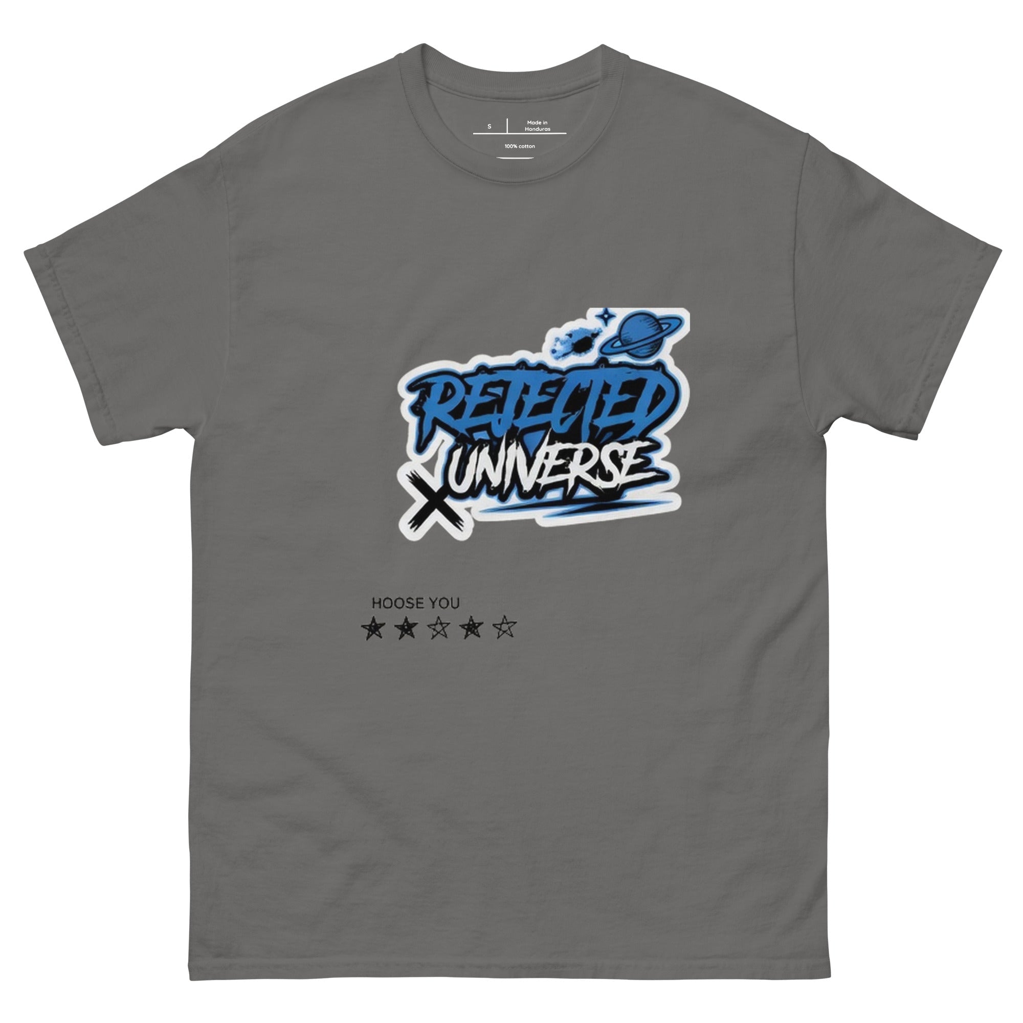 Rejected Universe logo tee in blue — graffiti tag with a planet and trailing stars