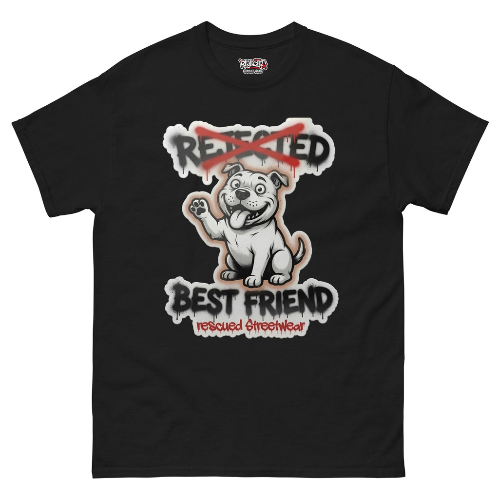 Best Friend pit bull tee — white bully pup waving a paw with REJECTED crossed out in red and BEST FRIEND sprayed below