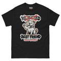 Best Friend pit bull tee — white bully pup waving a paw with REJECTED crossed out in red and BEST FRIEND sprayed below