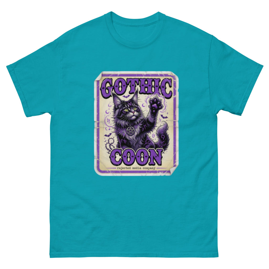 Gothic Coon tee — purple and black Maine Coon cat with a pentacle collar and one paw raised, vintage poster frame