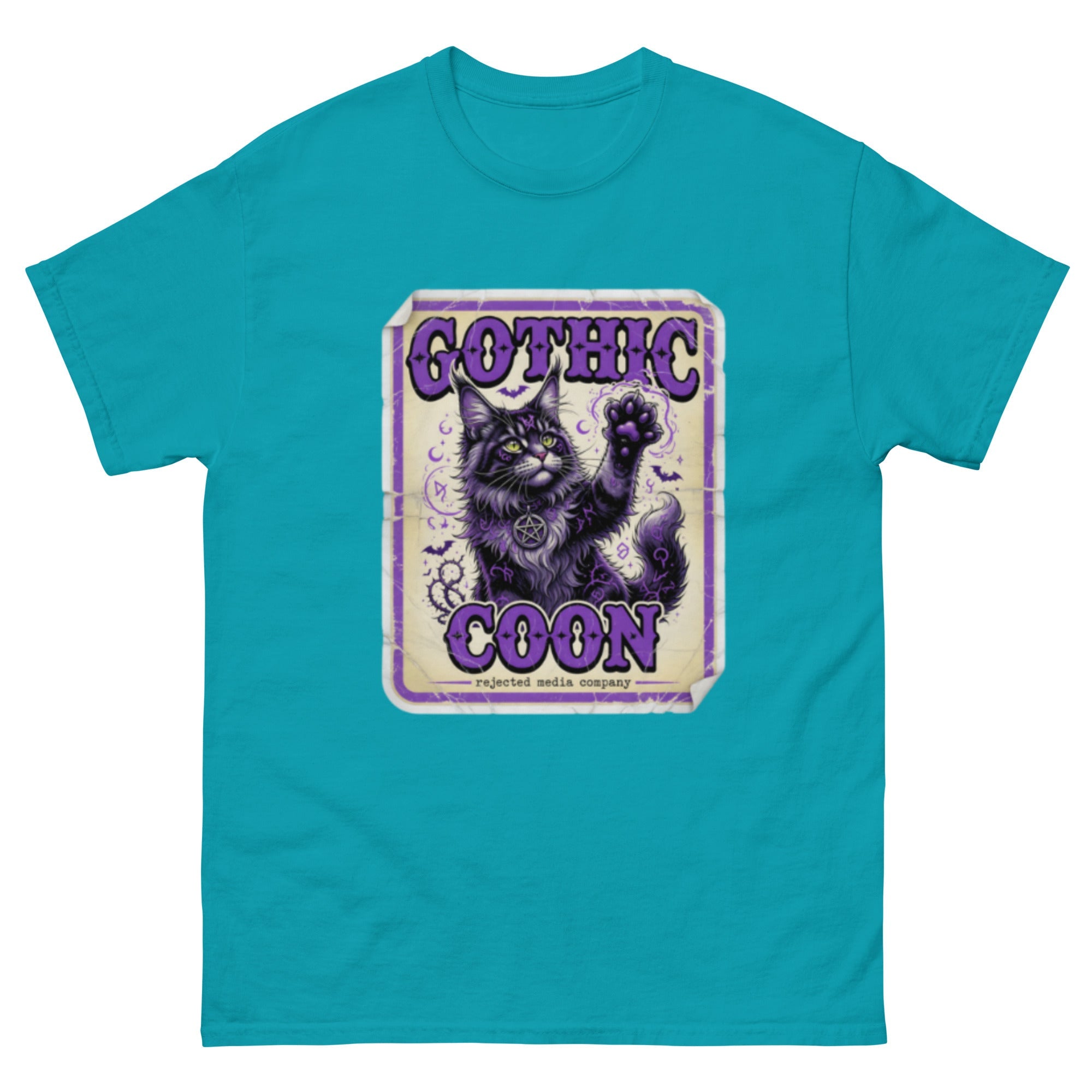 Gothic Coon tee — purple and black Maine Coon cat with a pentacle collar and one paw raised, vintage poster frame