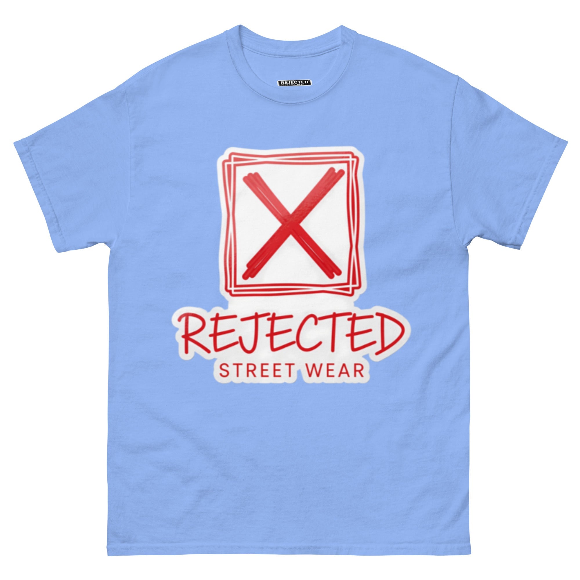 Rejected Street Wear box logo tee — hand-drawn red frame with a brushed X and REJECTED STREET WEAR in red beneath