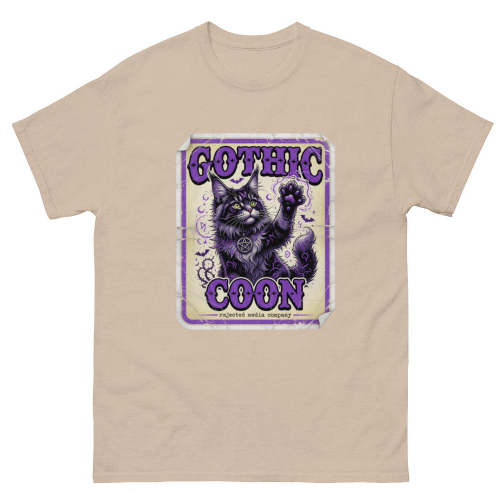 Gothic Coon tee — purple and black Maine Coon cat with a pentacle collar and one paw raised, vintage poster frame