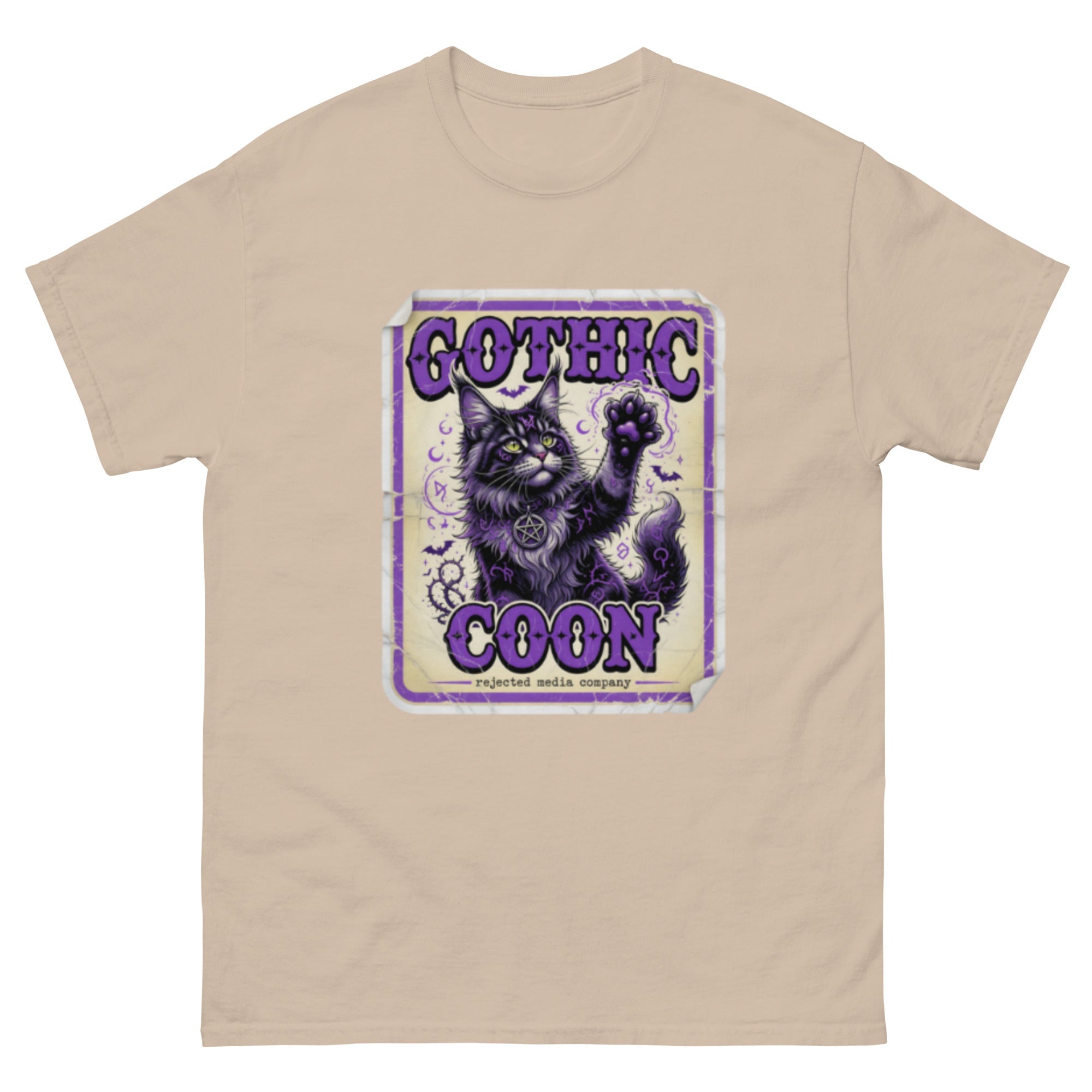 Gothic Coon tee — purple and black Maine Coon cat with a pentacle collar and one paw raised, vintage poster frame
