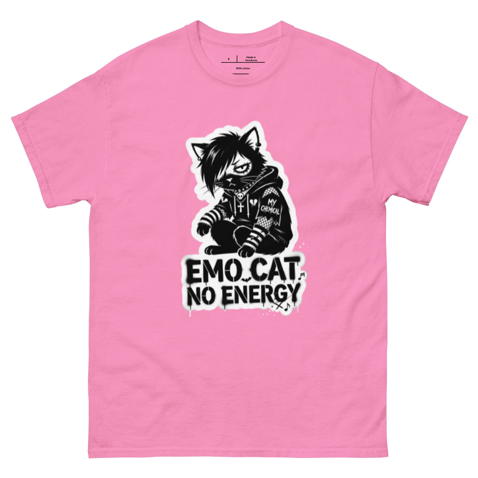 Emo Cat No Energy tee — grey cat with side-swept bangs and a patched hoodie under spray-paint lettering