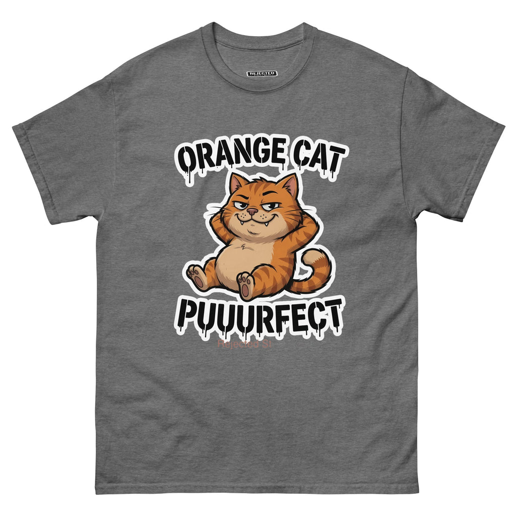 Orange Cat Puuurfect tee — chunky reclined orange tabby under arched drippy graffiti lettering