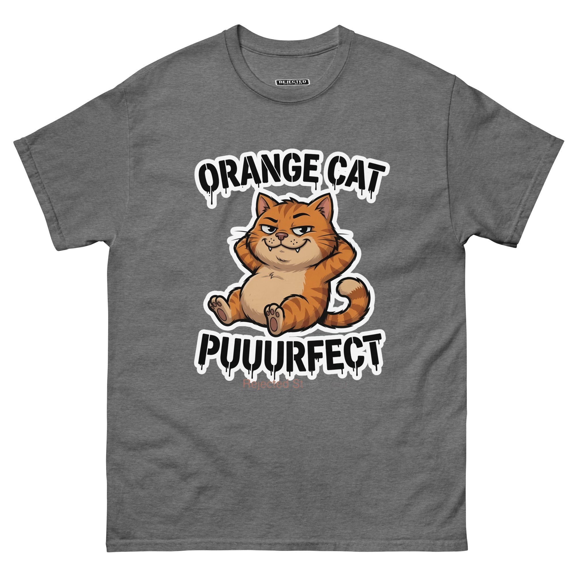 Orange Cat Puuurfect tee — chunky reclined orange tabby under arched drippy graffiti lettering
