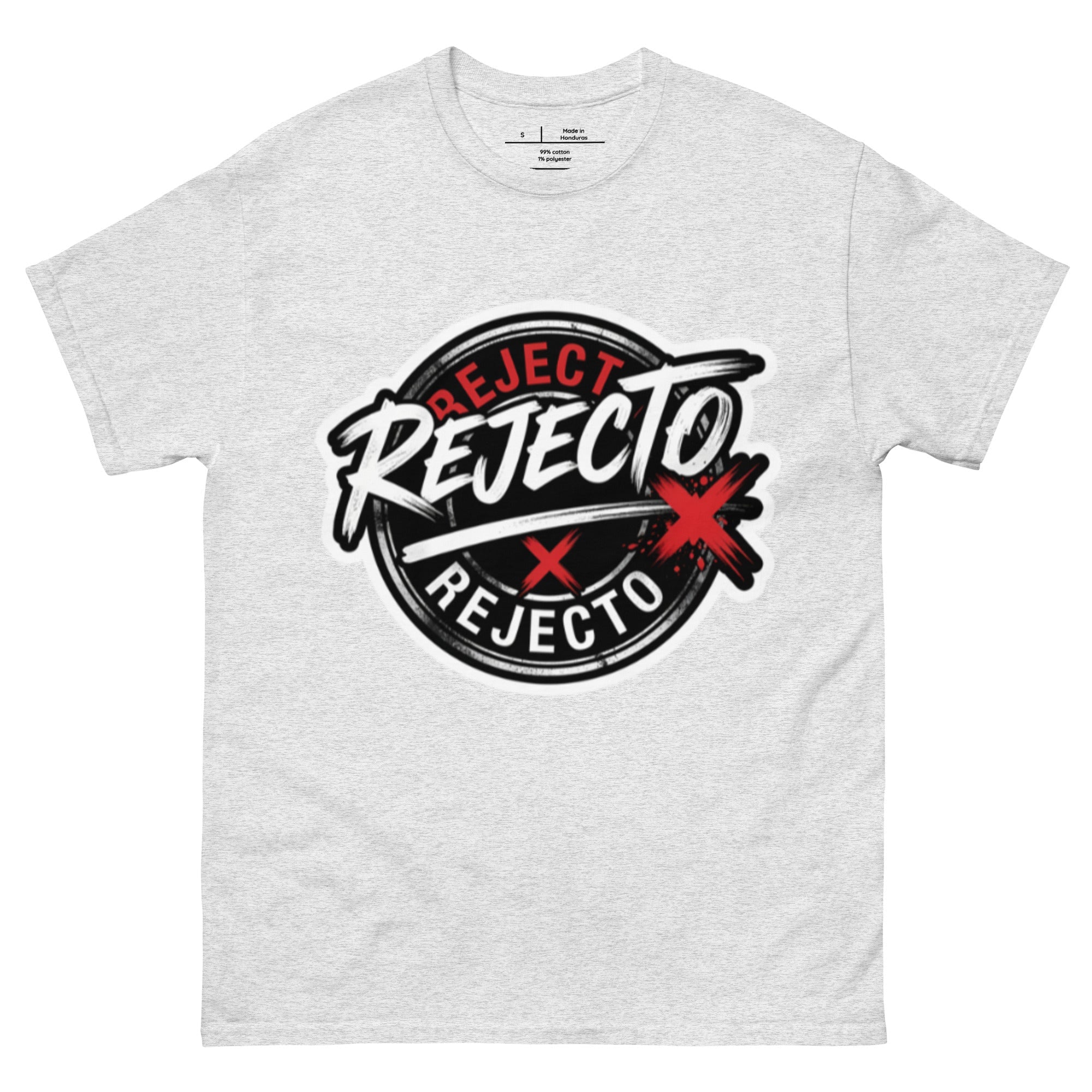 Rejected Street Wear emblem tee — black circle badge with white brush script and a red X slash