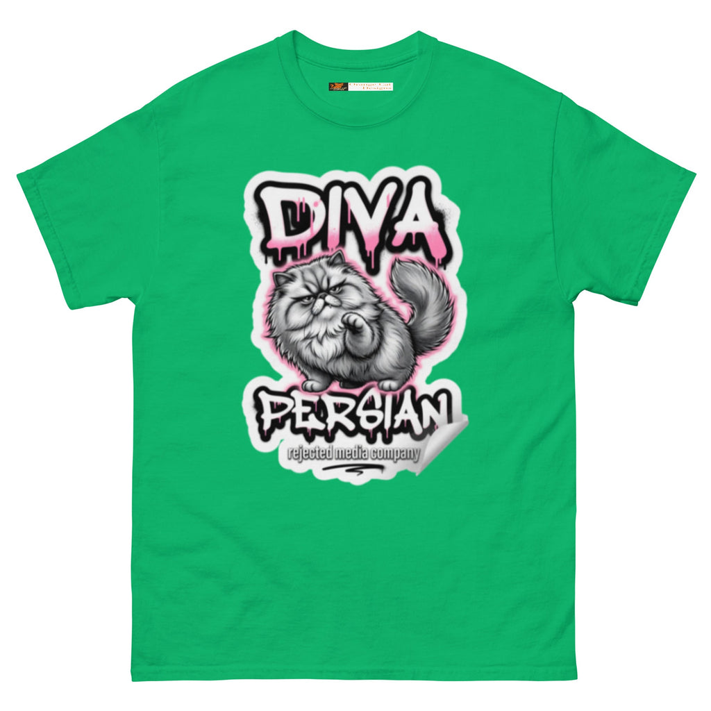 Diva Persian cat tee — fluffed-out Persian cat with an unimpressed face under pink graffiti drip lettering
