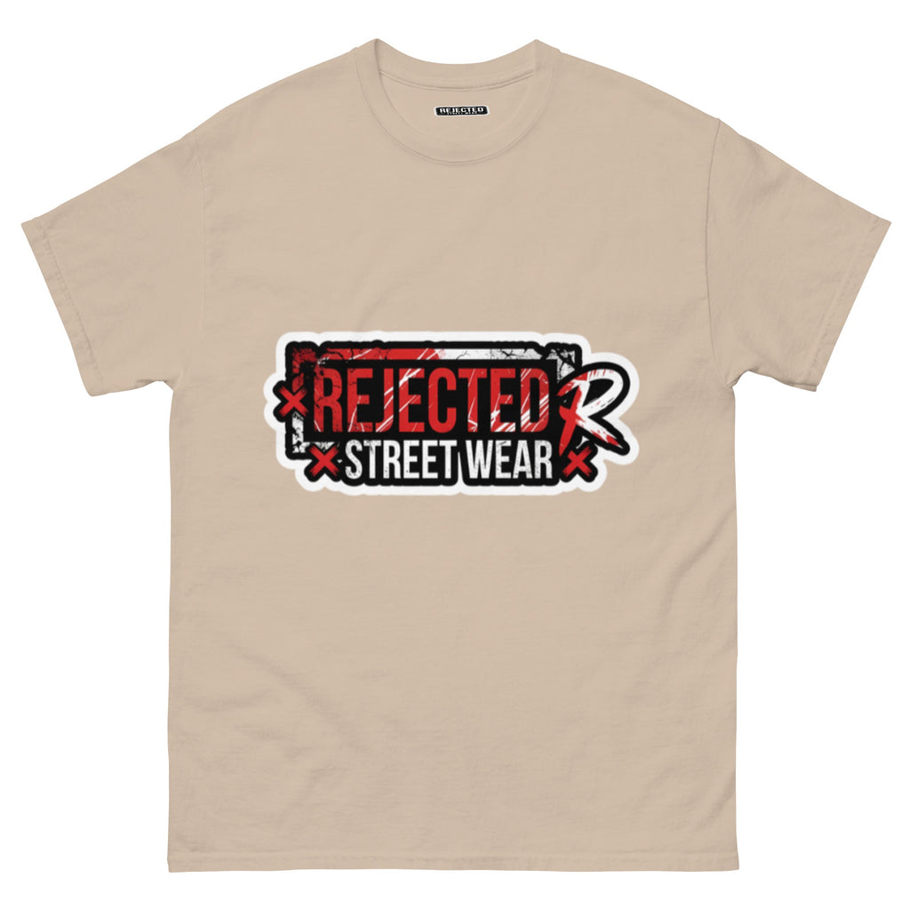 Rejected Street Wear red box logo tee — red-framed REJECTED STREET WEAR stamp with corner x marks and a red slash