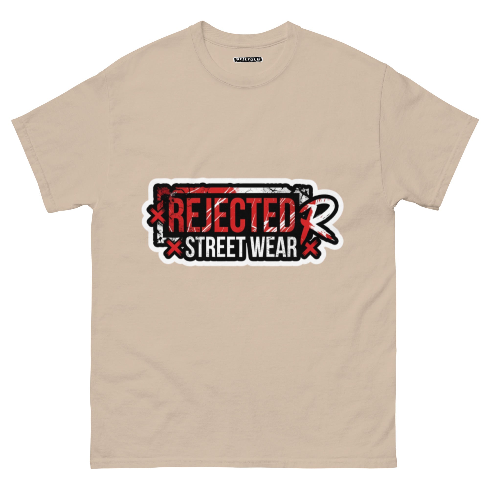 Rejected Street Wear red box logo tee — red-framed REJECTED STREET WEAR stamp with corner x marks and a red slash