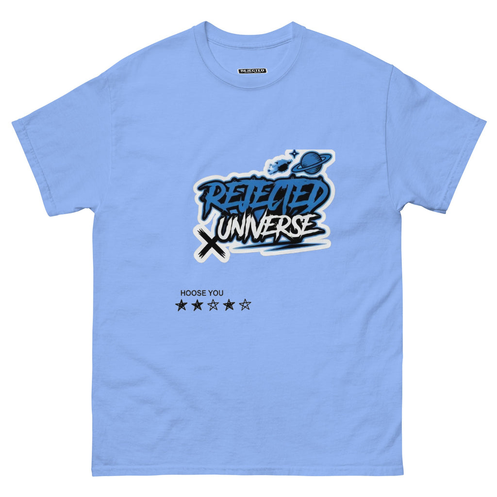 Rejected Universe logo tee in blue — graffiti tag with a planet and trailing stars