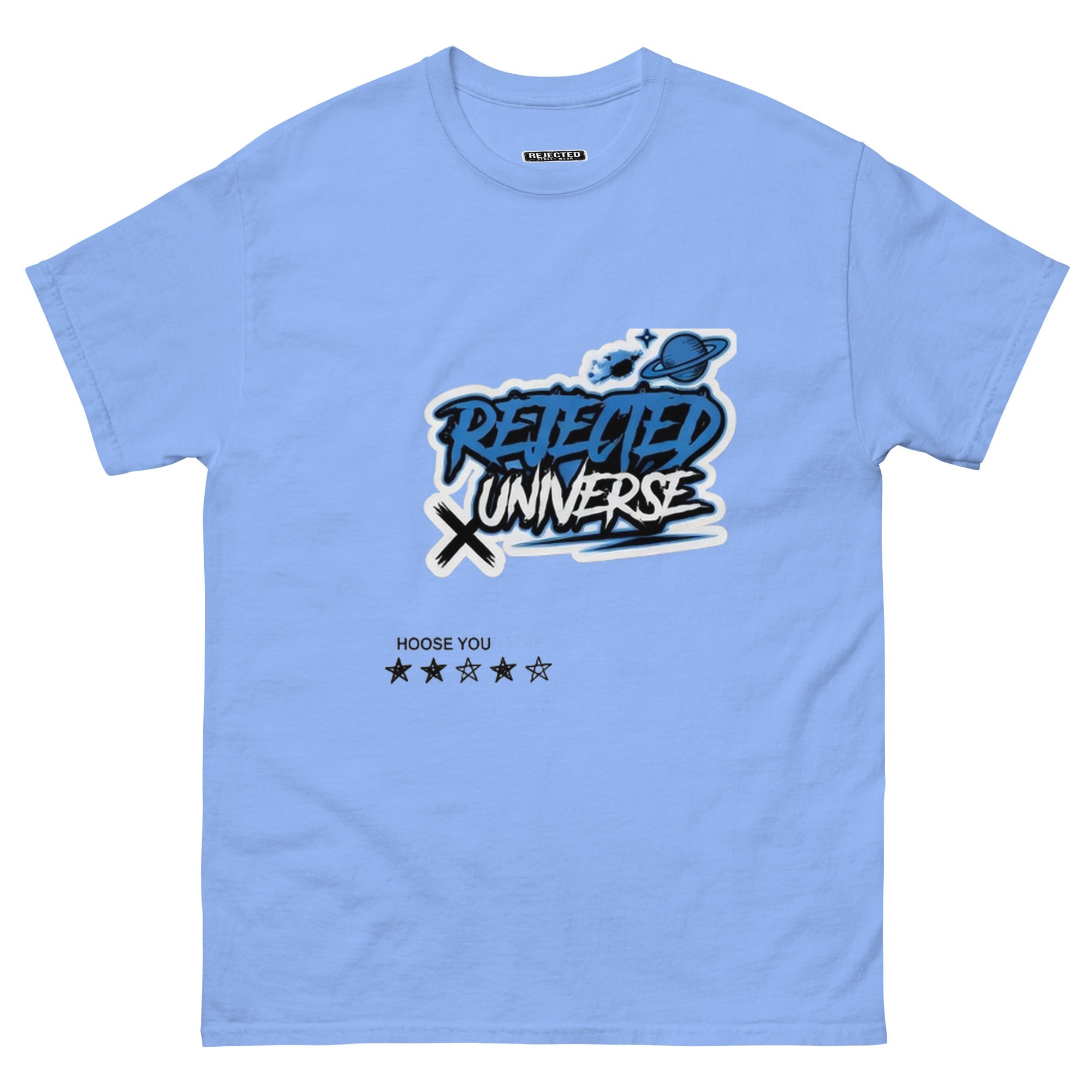 Rejected Universe logo tee in blue — graffiti tag with a planet and trailing stars
