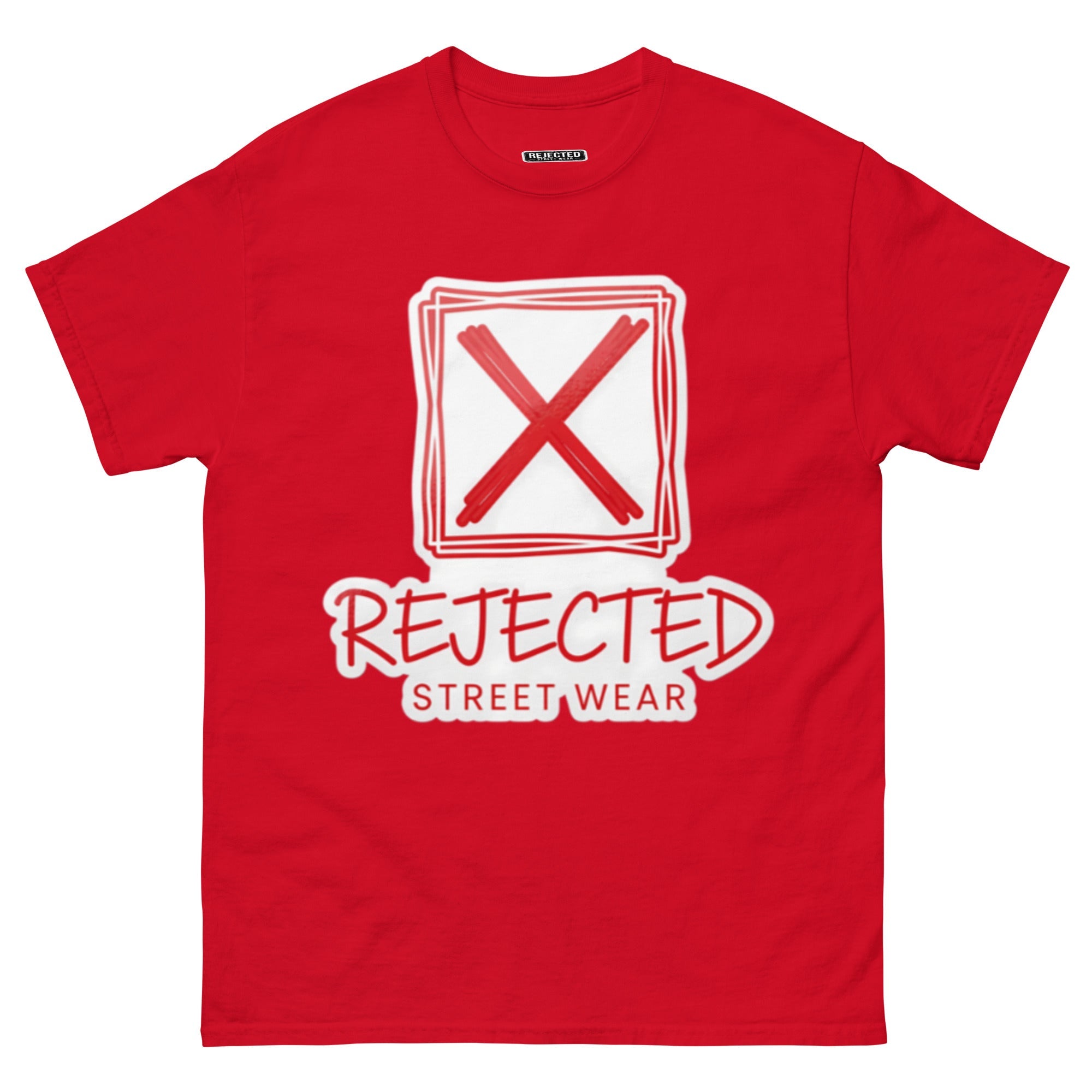 Rejected Street Wear box logo tee — hand-drawn red frame with a brushed X and REJECTED STREET WEAR in red beneath
