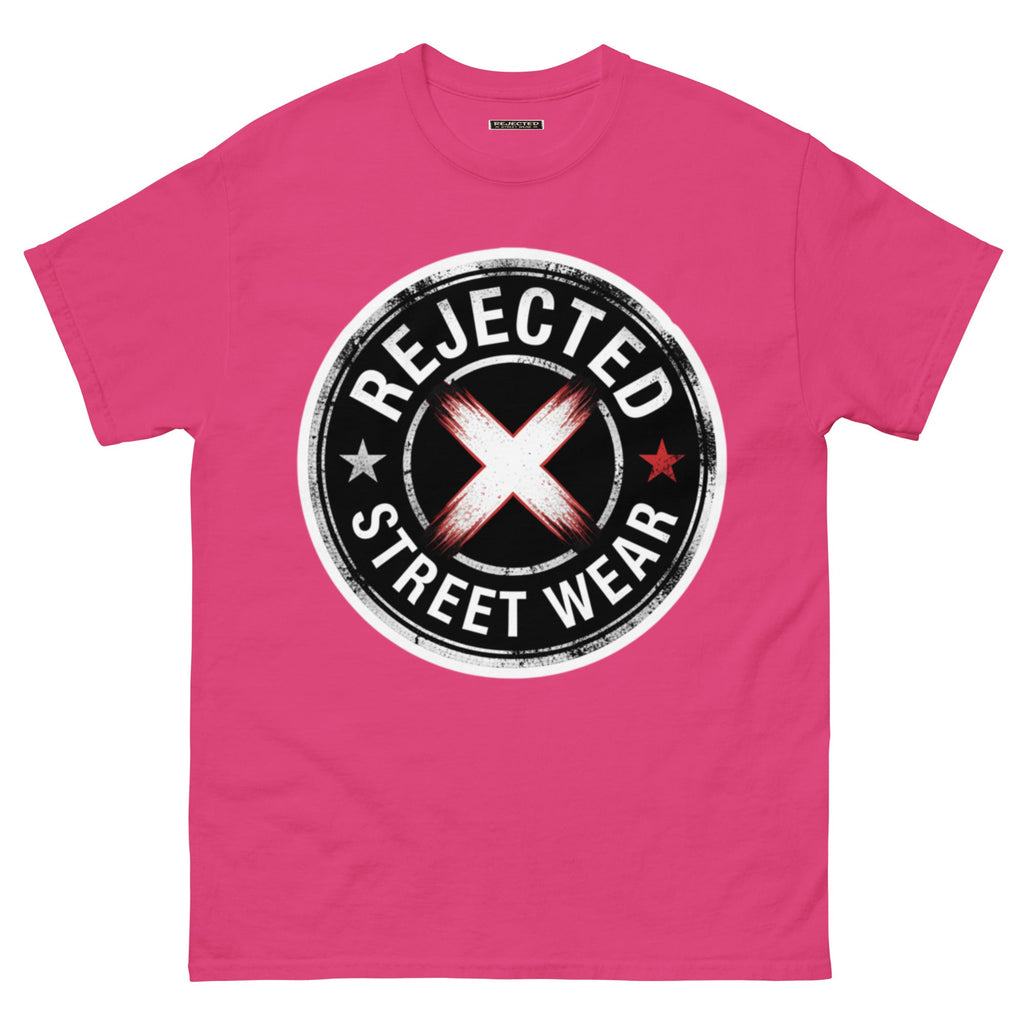Rejected Street Wear barbed wire seal tee — distressed circular badge with REJECTED arched over a red and white brushed X