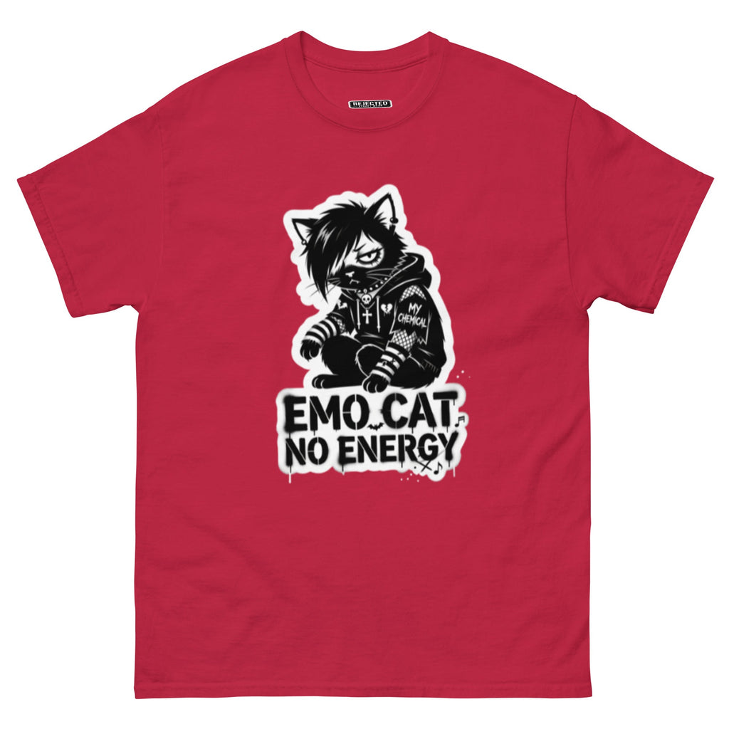 Emo Cat No Energy tee — grey cat with side-swept bangs and a patched hoodie under spray-paint lettering